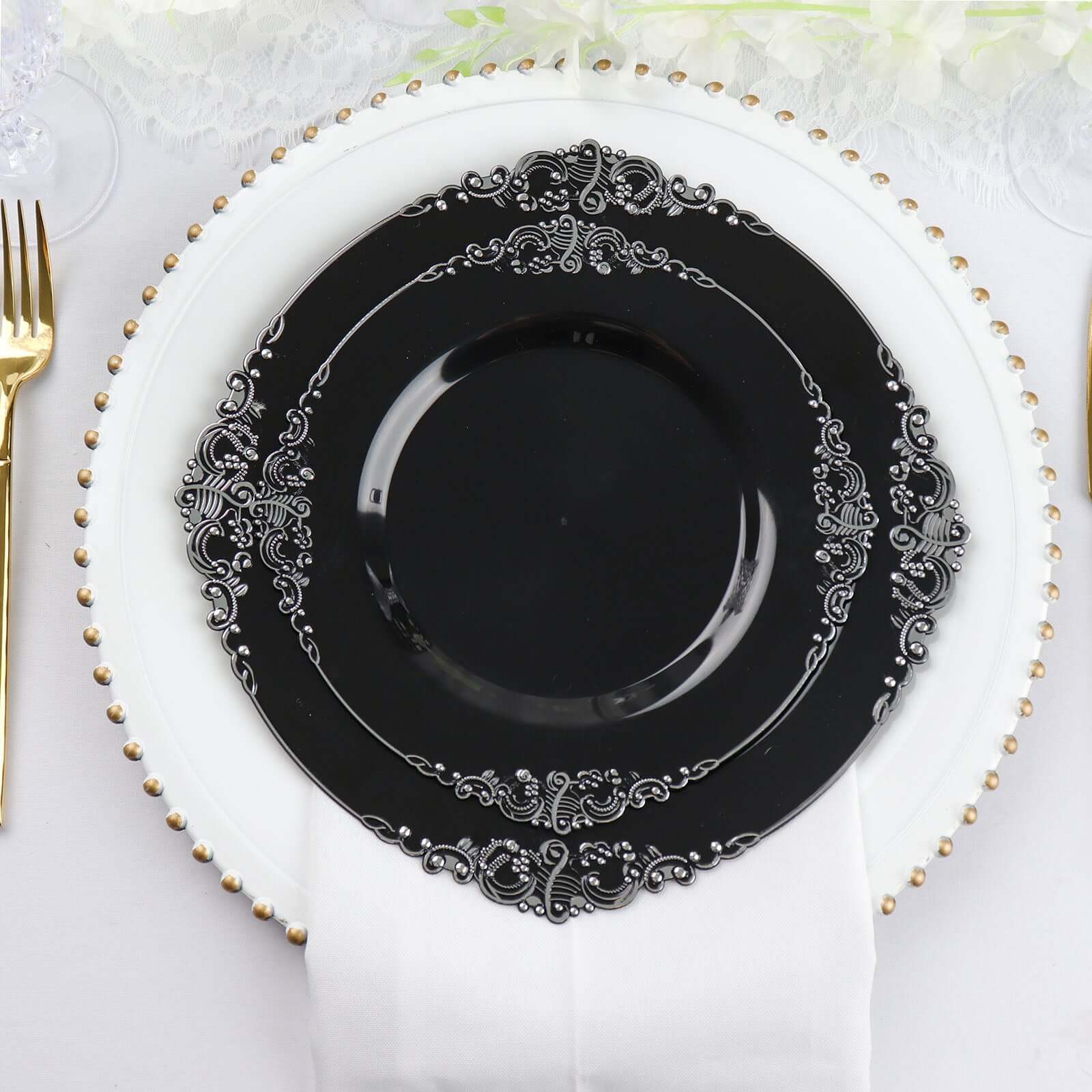 10-Pack Plastic 8 Round Dessert Plates in Black with Silver Leaf Embossed Rim - Disposable Vintage Baroque Style Salad Plates