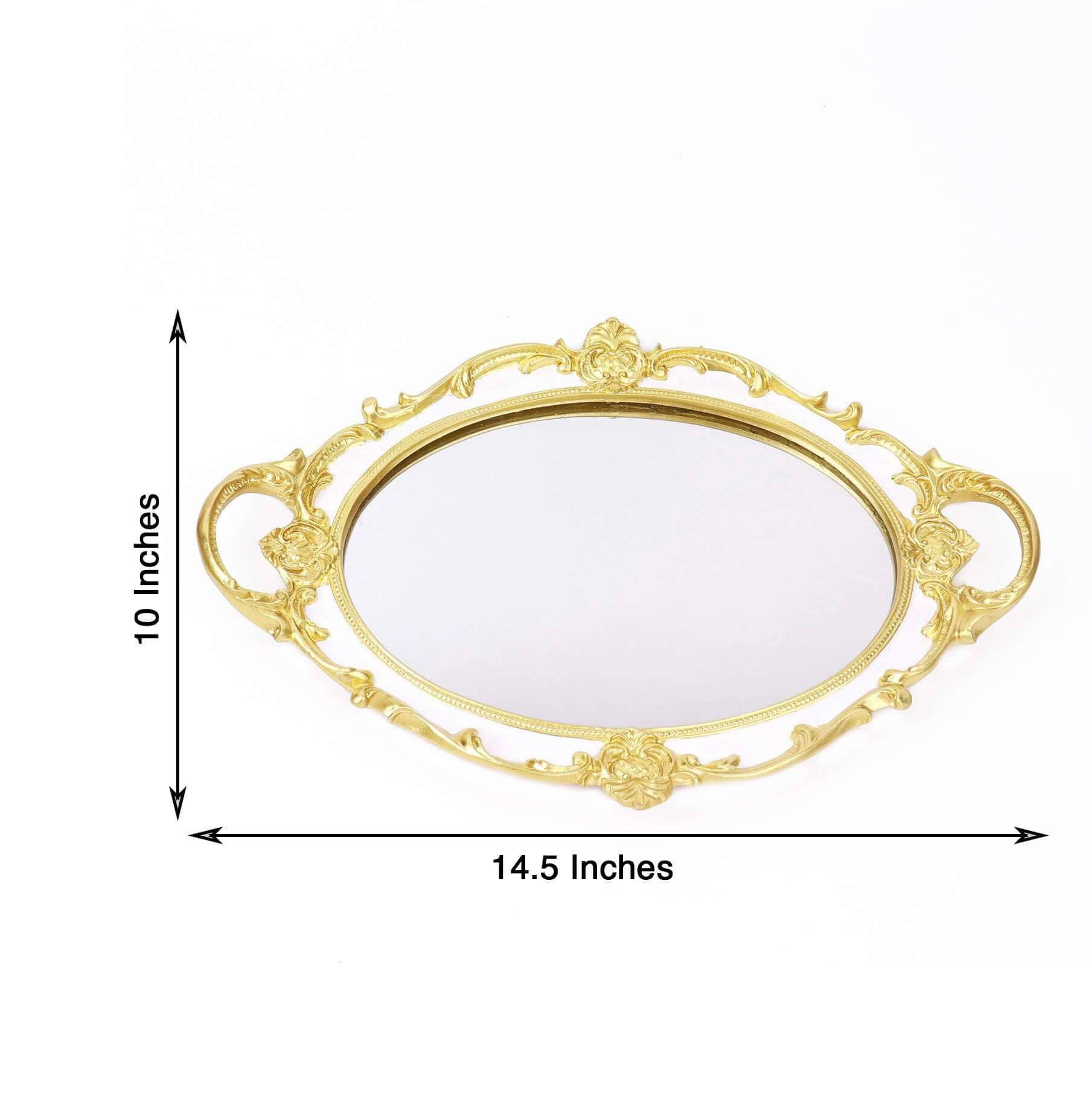 Resin Mirrored Vanity Oval Serving Tray 14x10 in White with Metallic Gold Baroque Design, Stylish Decorative Vanity Tray Centerpiece