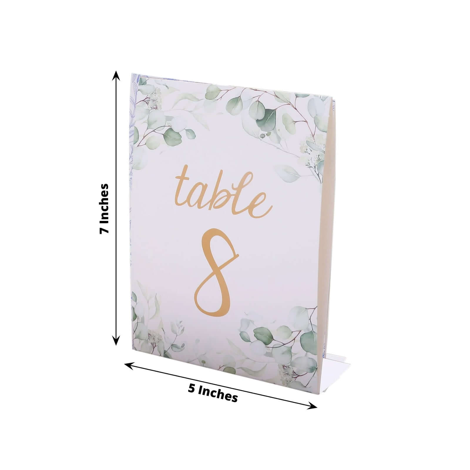 25-Pack Paper Wedding Table Numbers 1-25 White/Green Eucalyptus Leaves Design - Free Standing Double Sided Table Signs with Glam Gold Foil Numbers 7