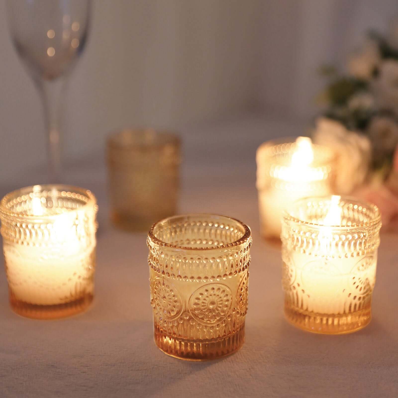 6-Pack Glass Candle Holders Amber Gold Primrose Design - Votive Tealight Holders for Weddings