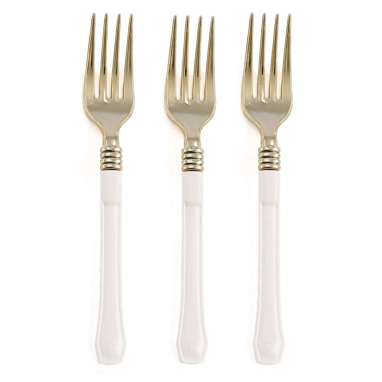 24-Pack Plastic Forks Gold with White Handles - Durable Food Safe Disposable Silverware for Lunch Buffets & Catering Services 7