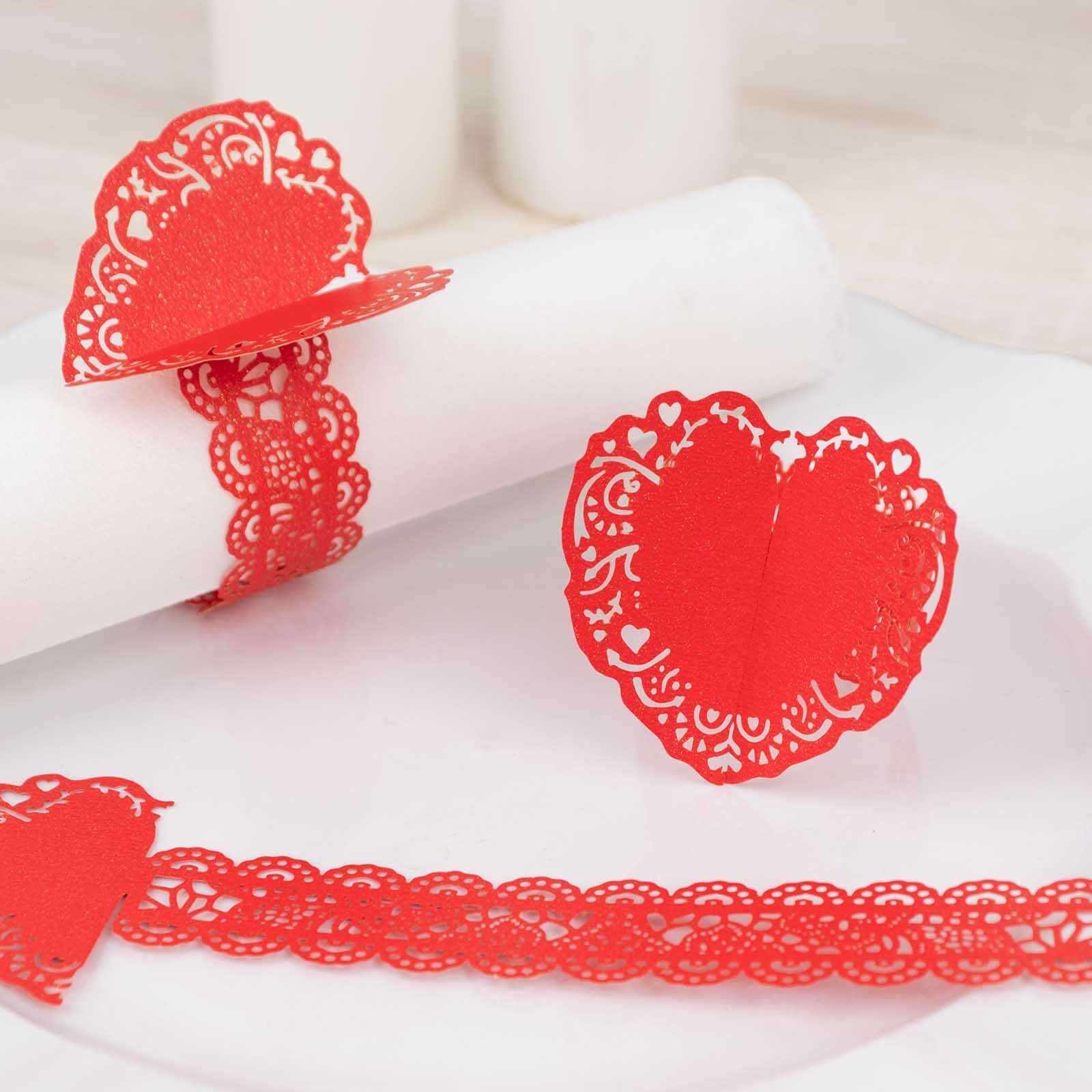 12 Pack Red Shimmery Laser Cut Heart Paper Napkin Holders with Lace Pattern, Disposable Napkin Rings Bands