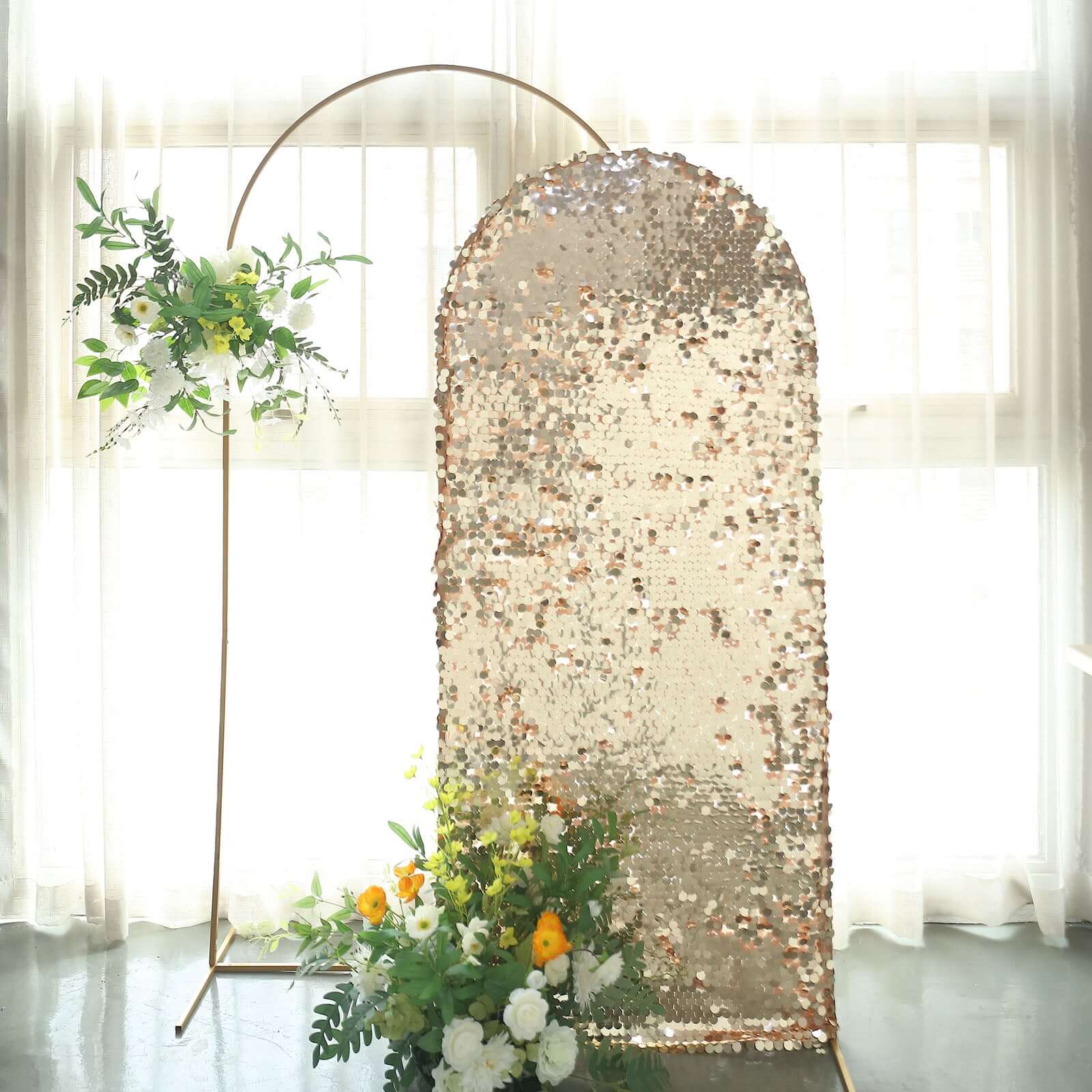 6ft Sparkly Champagne Double Sided Big Payette Sequin Chiara Backdrop Stand Cover For Fitted Round Top Wedding Arch