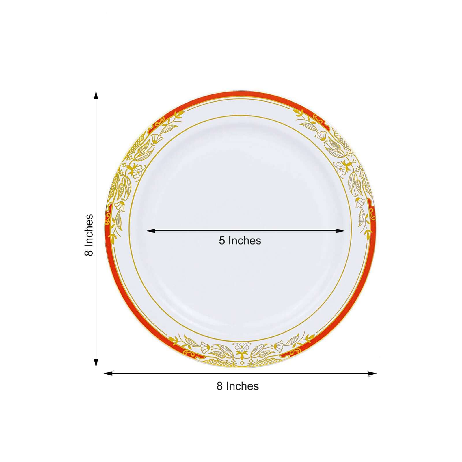 10-Pack Plastic 8 Round Dessert Plates in White with Red Rim - Stylish Gold Vine Design Disposable Salad/Appetizer Plates for Special Occasions & Celebrations