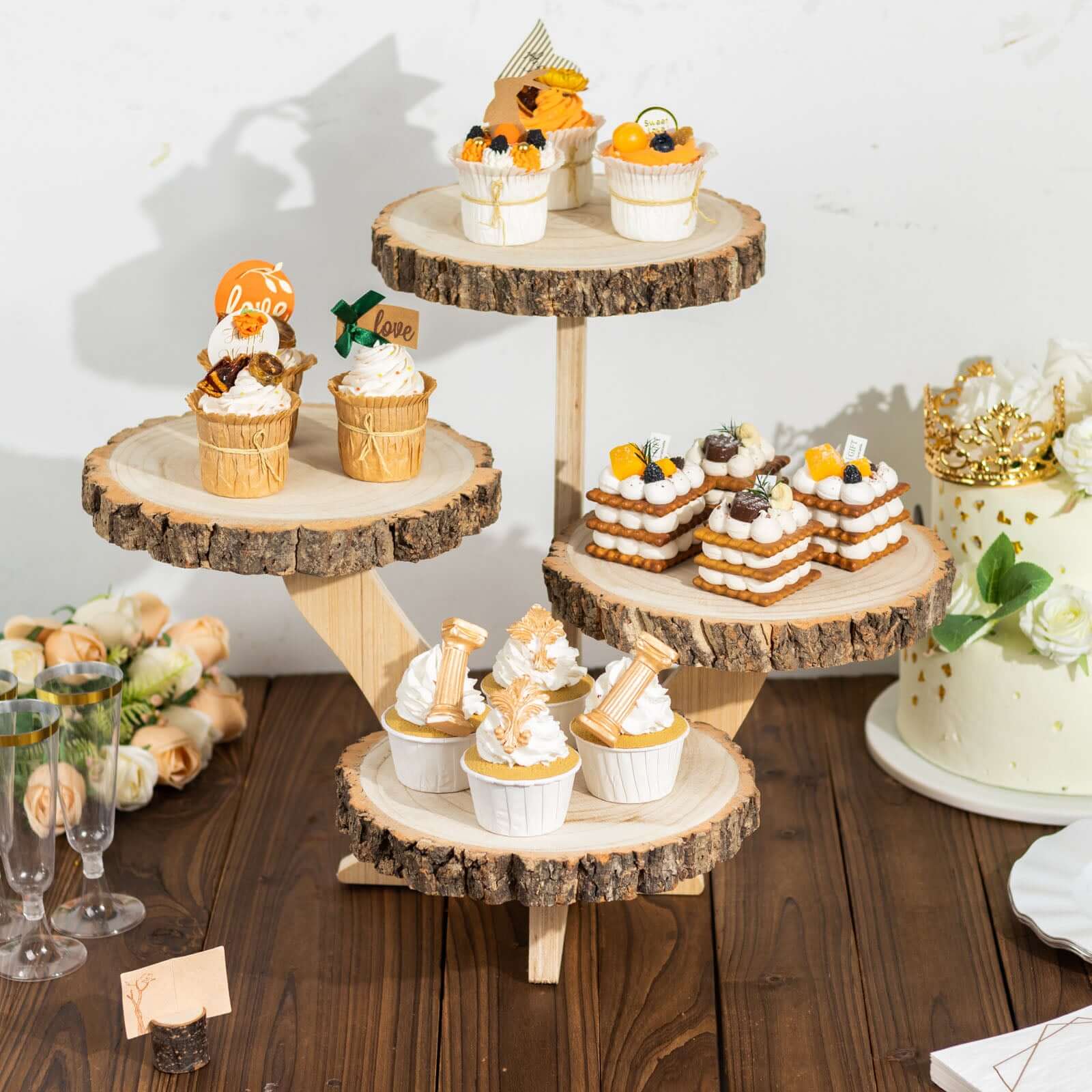 4-Tier Wooden Cupcake Stand Farmhouse Style Natural Wood Slice Design - Rustic Dessert Display Cake Holder 15 Tall