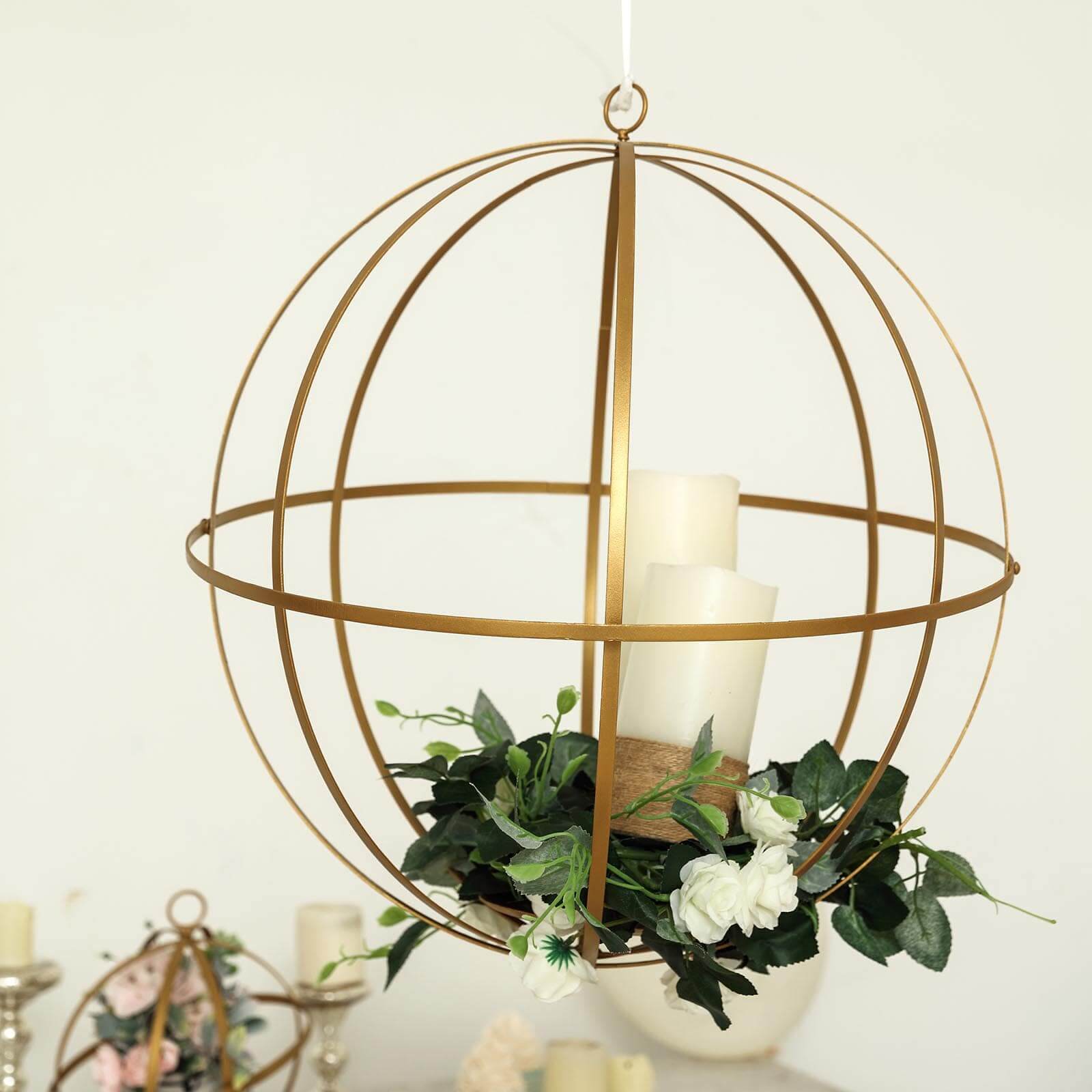 Hanging Sphere Candle Holder Gold Wrought Iron Open Frame Floral Display - Centerpiece Ball 12