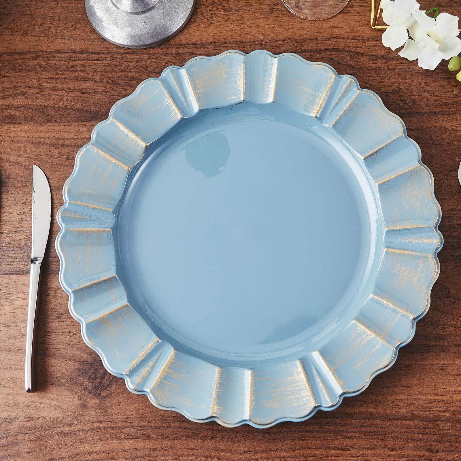 6-Pack Acrylic Plastic Round Charger Plates 13 in Dusty Blue with Gold Brushed Wavy Scalloped Rim, Decorative Dinner Party Charger Tableware