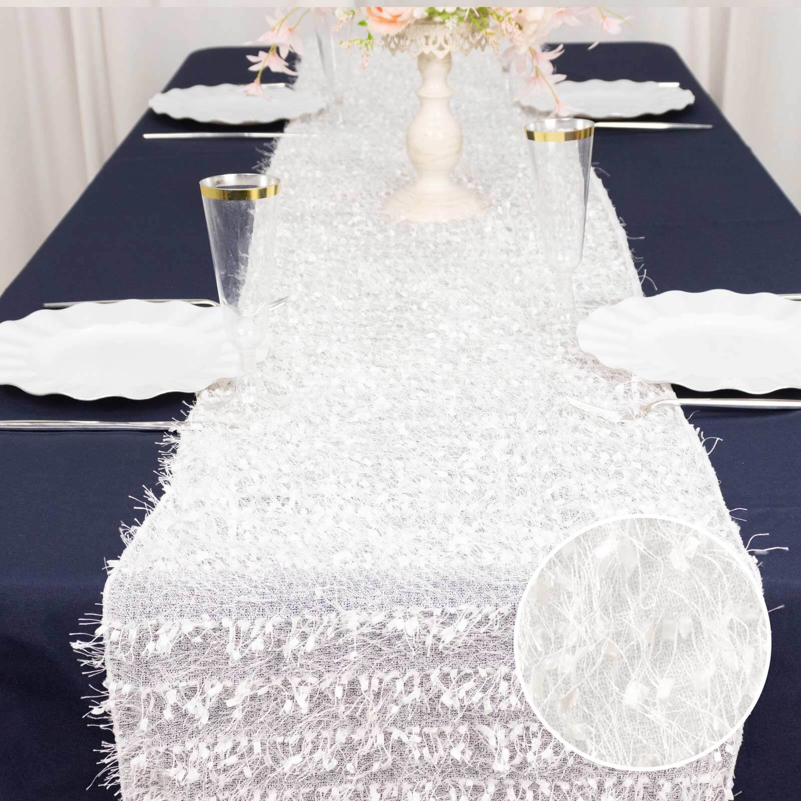 Polyester 12x108 Table Runner White - Fringe Shag Table Decor