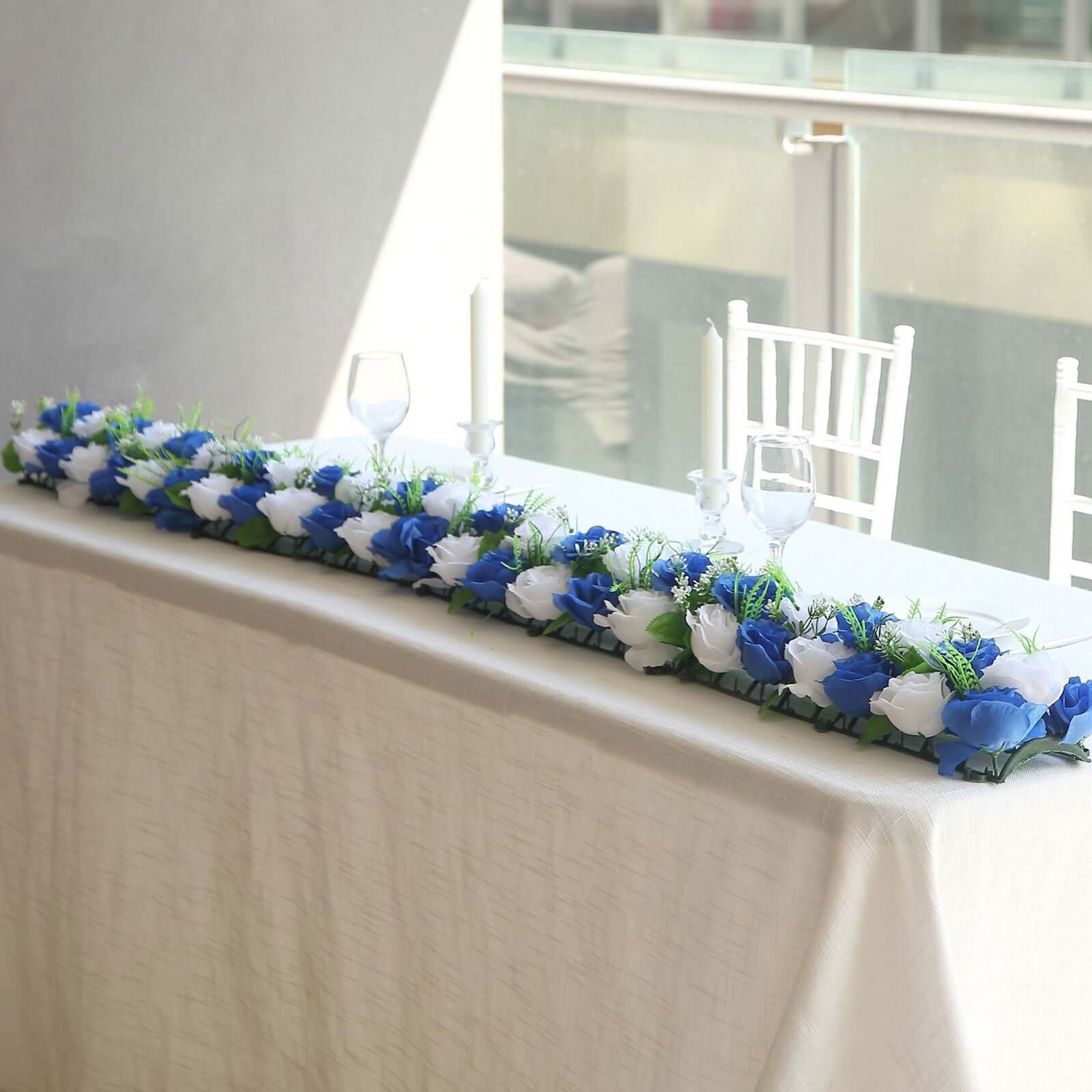 6 Pack White Royal Blue Silk Rose Flower Panel Table Runner, Artificial Floral Arrangements Wedding Table Centerpiece - 20x8