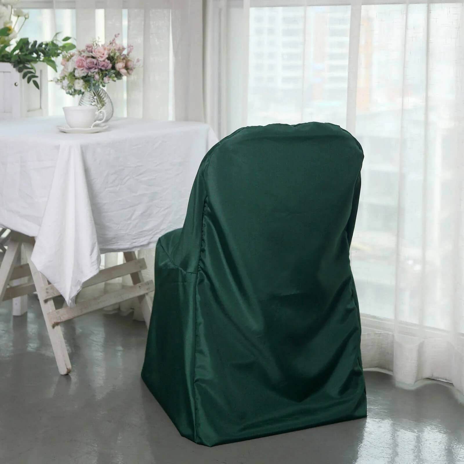 10 Pack Polyester Chair Covers for Folding Chairs Hunter Emerald Green - Wrinkle-Free Stain-Resistant Slip-On Slipcovers