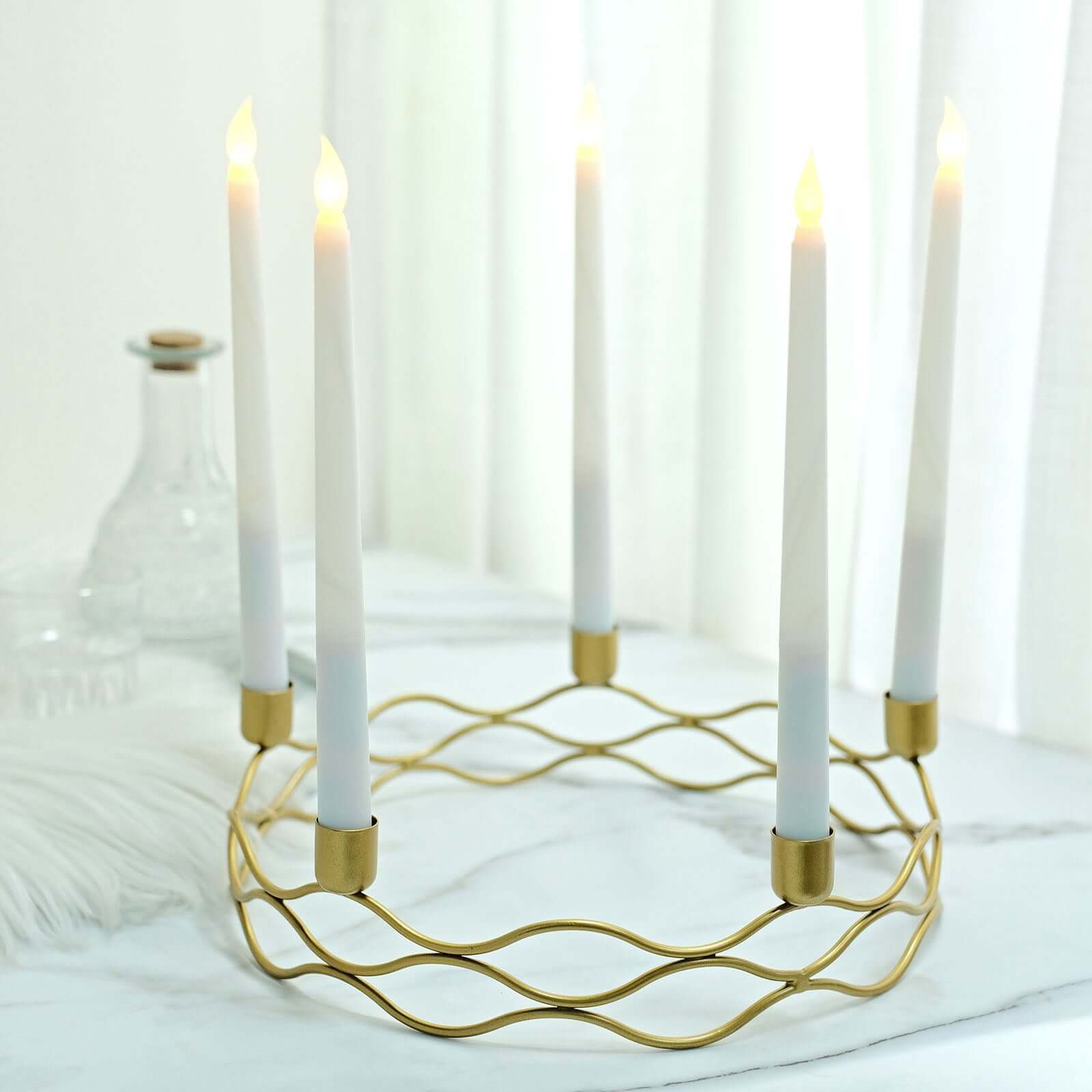 Round Wreath Taper Candelabra 5 Arm Gold Metal Decorative Centerpiece - Tabletop Candle Holder 12