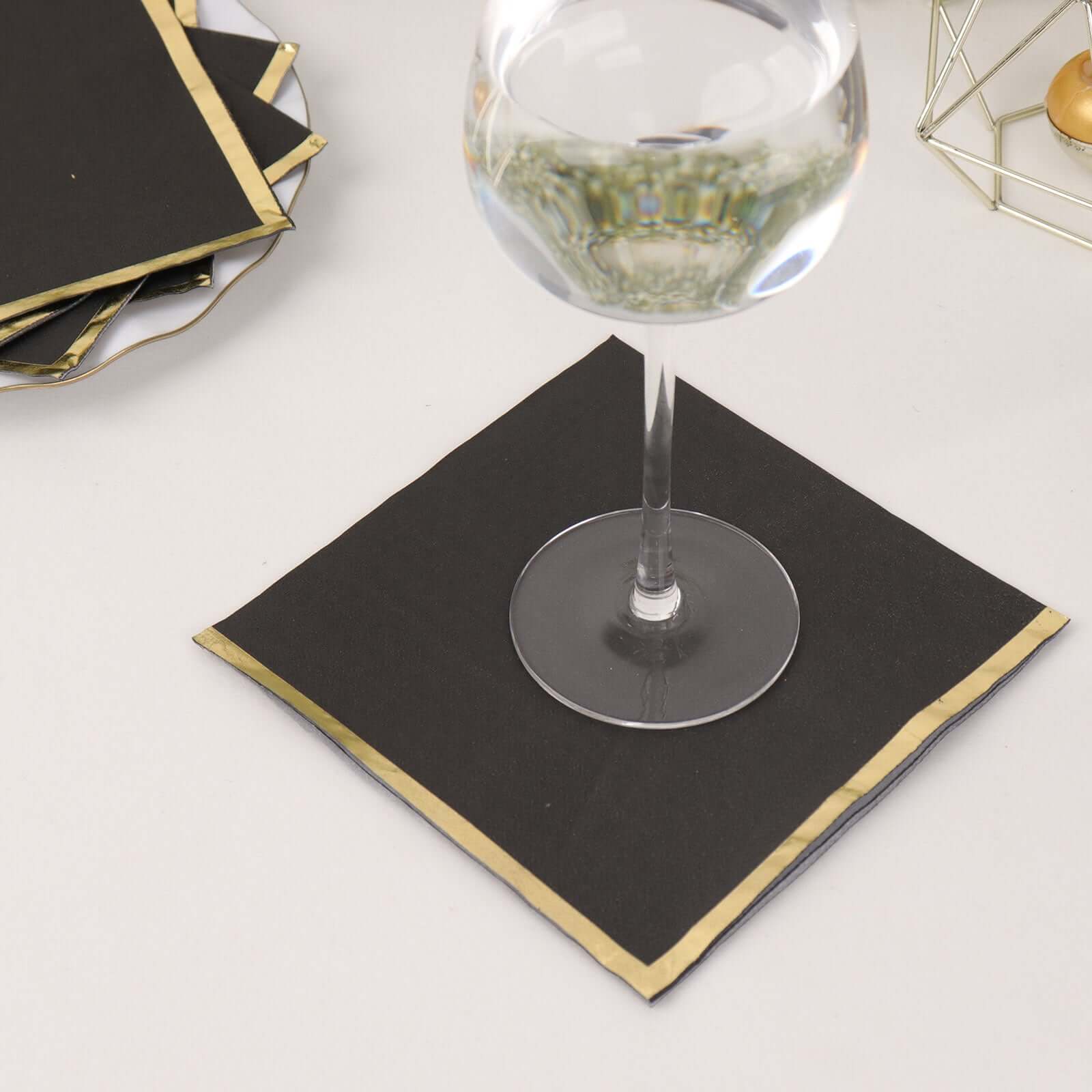 50-Pack Paper Beverage Napkins with Gold Foil Edge Black - Disposable 2 Ply Cocktail Napkins for Events 6.5x6.5