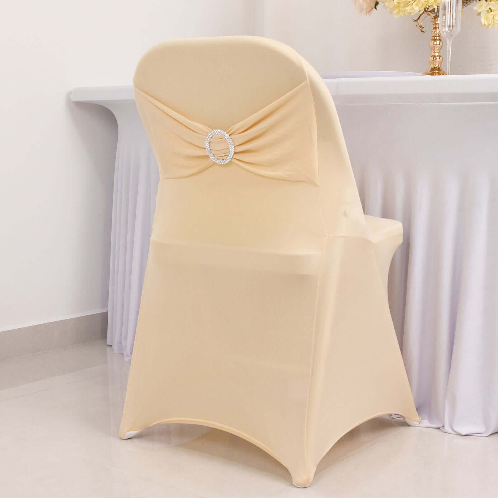 Stretch Spandex Chair Cover Beige for Folding Chairs - Secure Fit Slipcover with Silver Rhinestone Buckled Sash Band