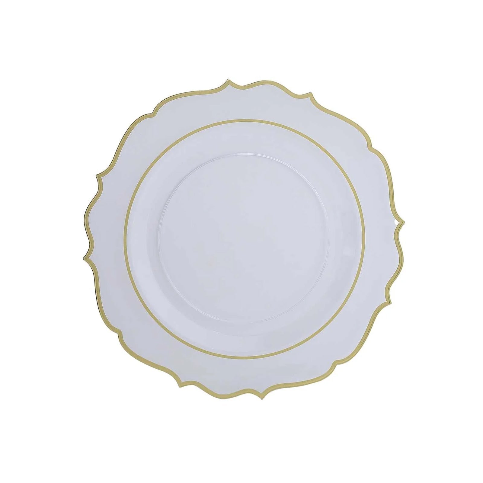 10-Pack Economy Plastic Round Charger Plates 13 in Clear with Gold Scalloped Rim, Decorative Dinner Party Serving Plates