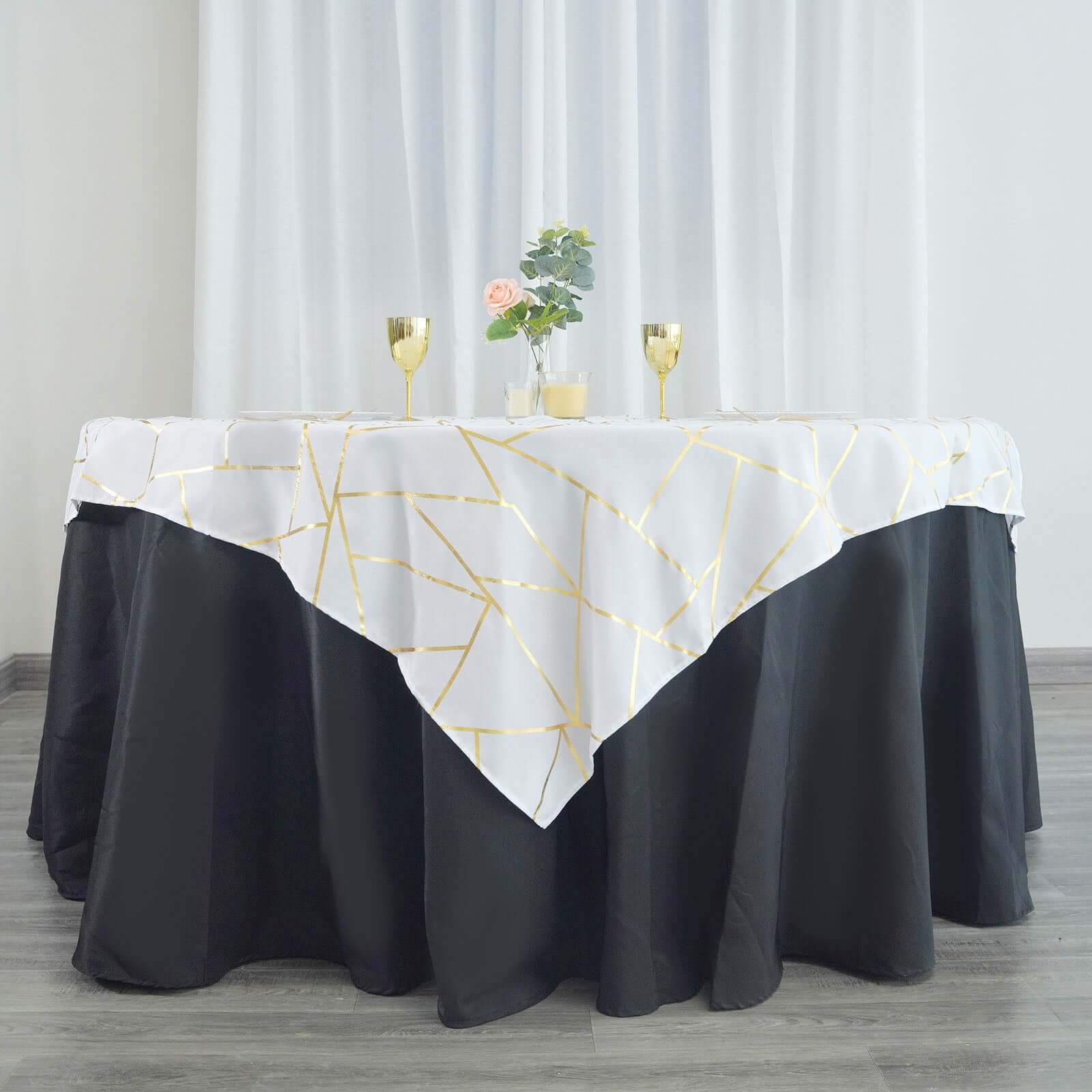 Polyester 54x54 Table Overlay Square Tablecloth White with Gold Foil Geometric Pattern - Wrinkle-Resistant & Durable for Stylish Settings