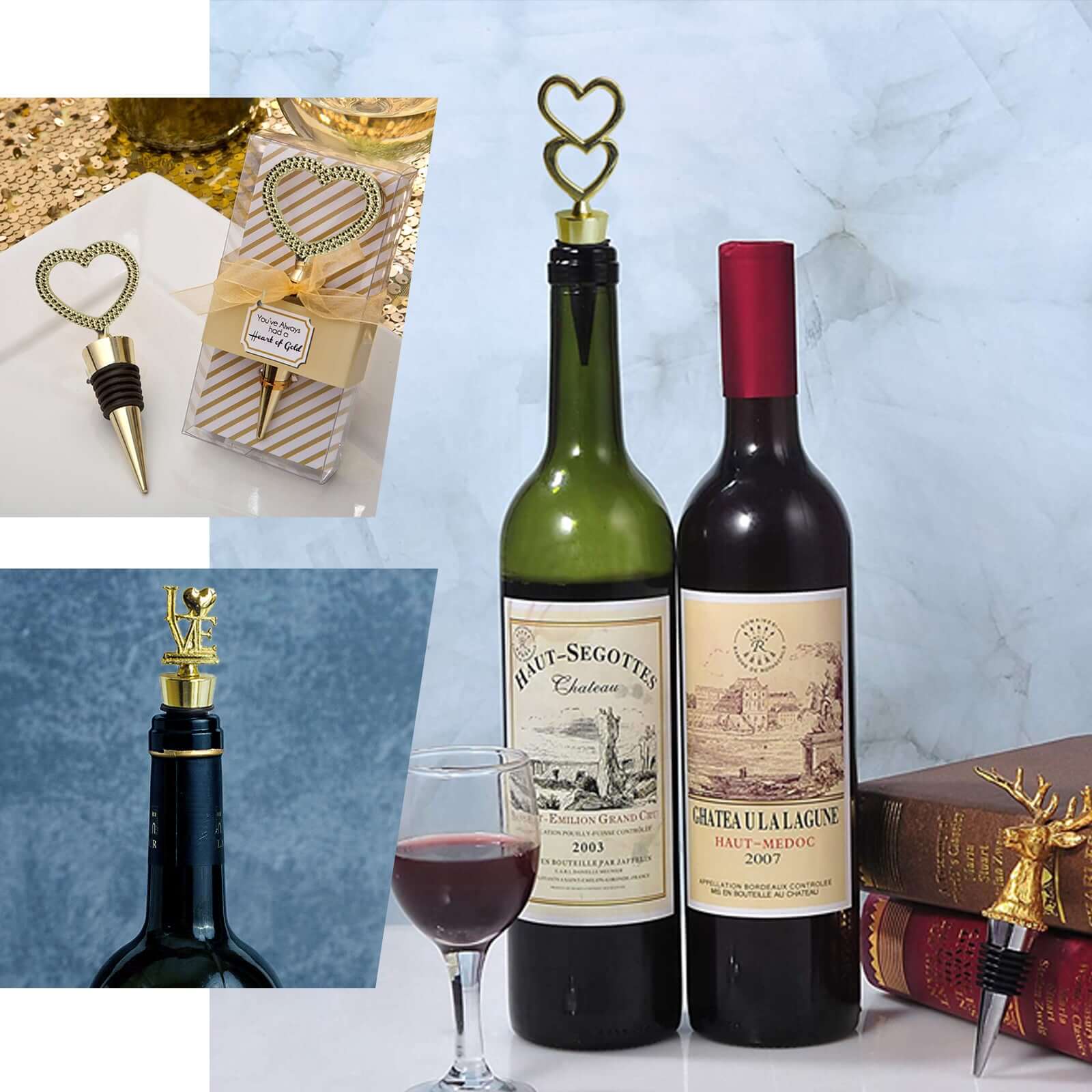 5 Gold Metal Double Heart Wine Bottle Stopper Wedding Party Favors With Velvet Gift Box