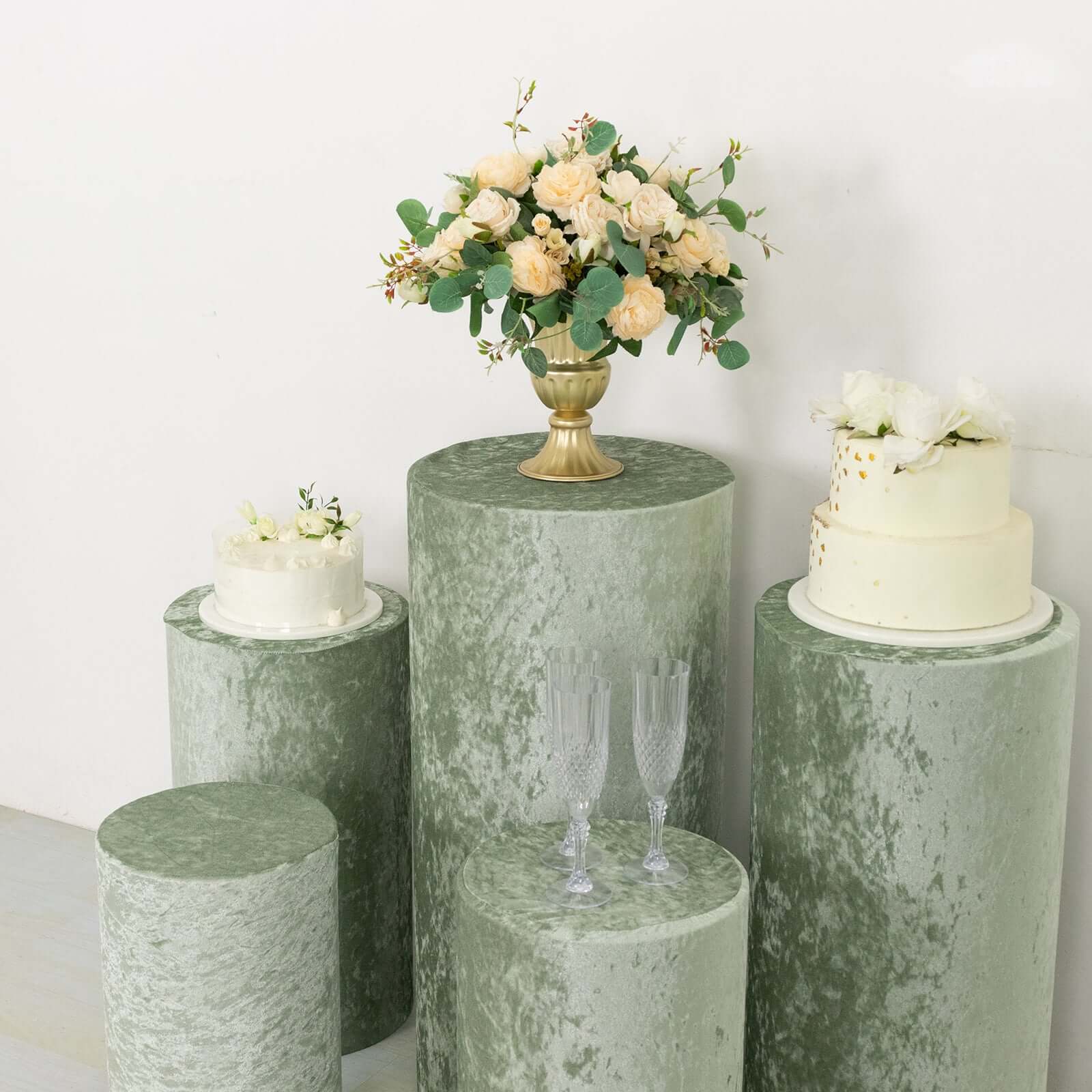 Set of 5 Sage Green Crushed Velvet Cylinder Pedestal Stand Covers, Premium Pillar Prop Covers