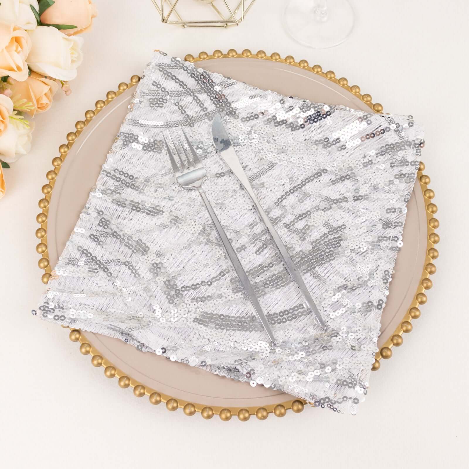 Sequin Mesh 20x20 Napkin SIlver - Wave Embroidered Reusable Napkin