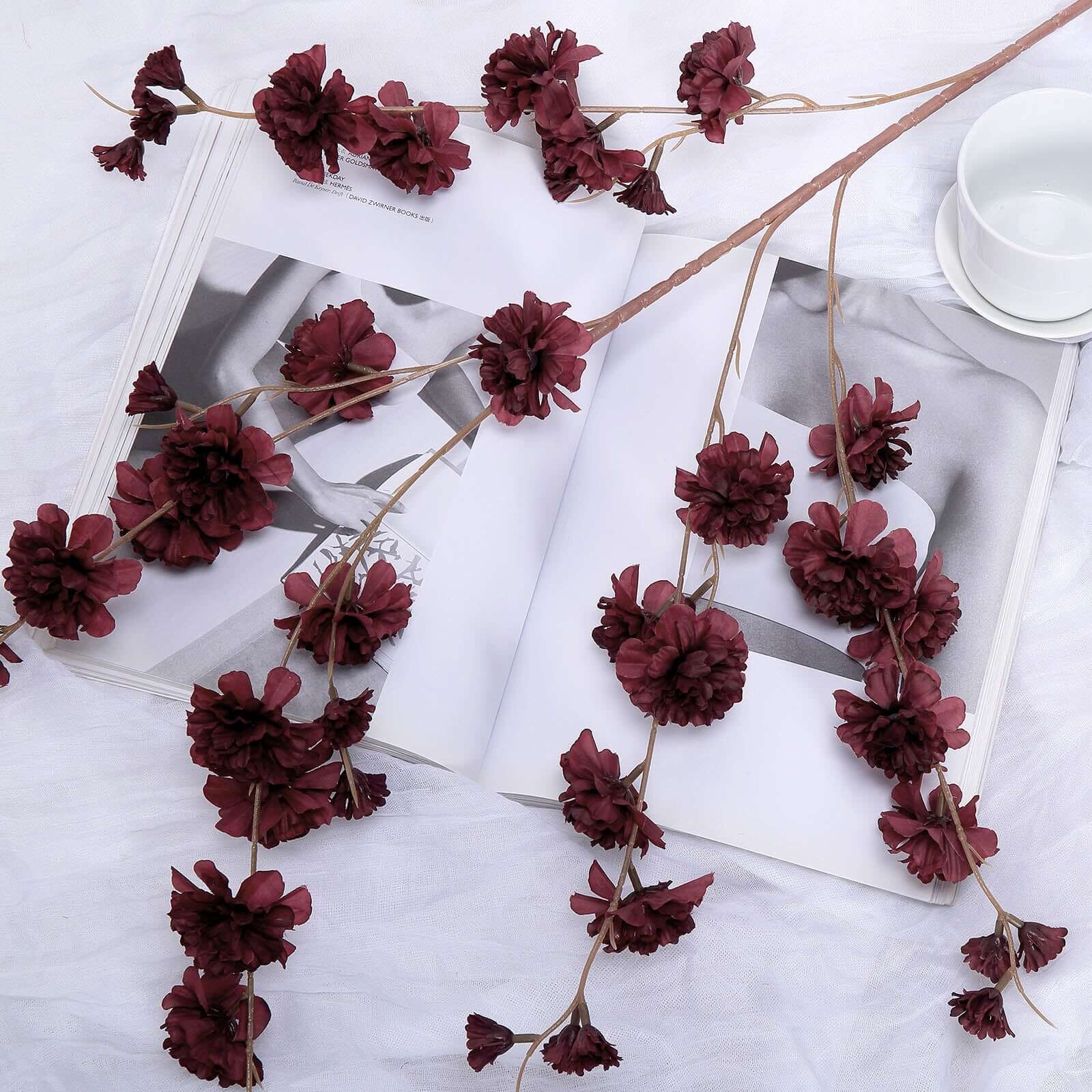 2 Branches 42 Tall Burgundy Artificial Silk Carnation Flower Stems