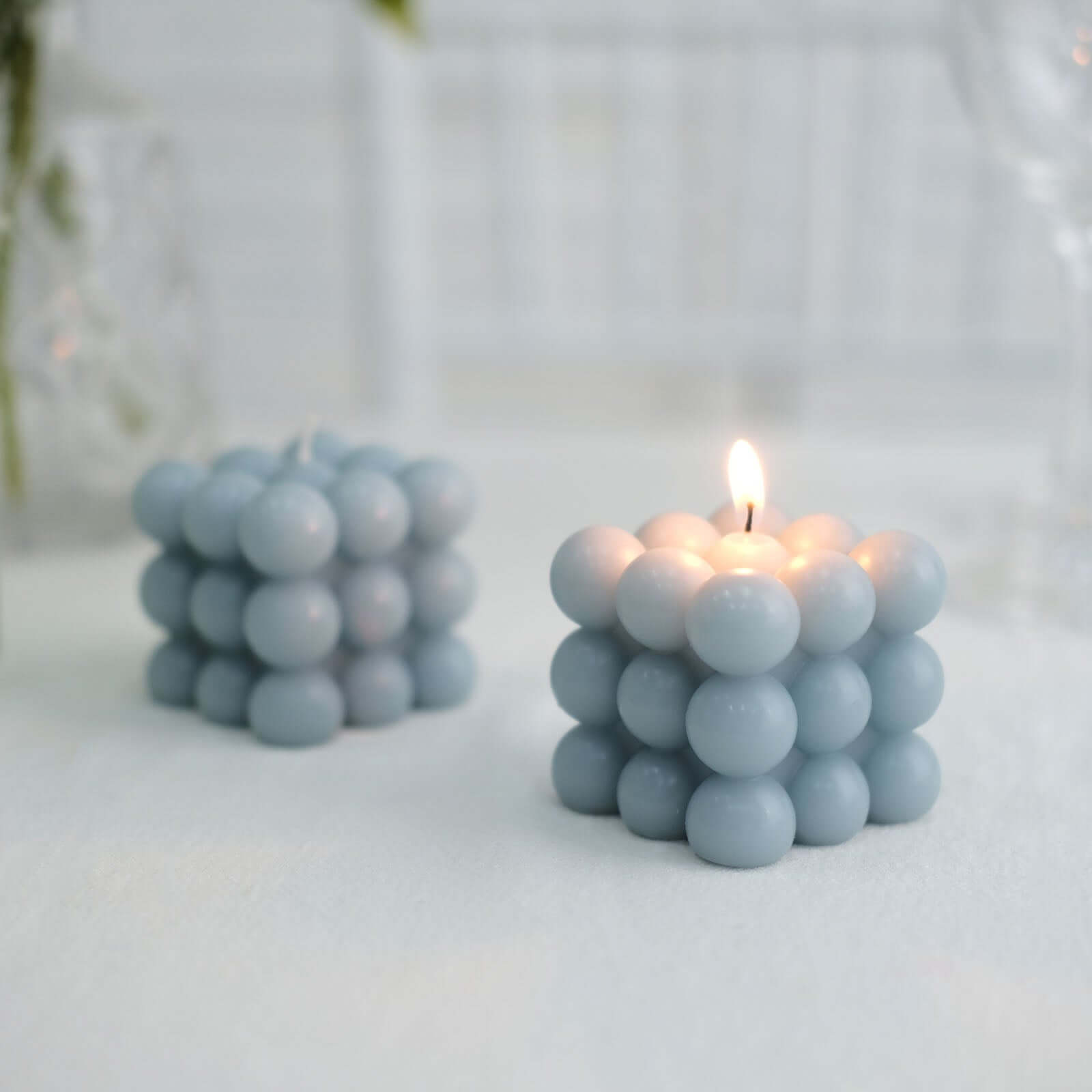 2-Pack Decorative Paraffin Wax Candles Bubble Cube Design Dusty Blue - Unscented Long Burning Pillar Candle Set 2