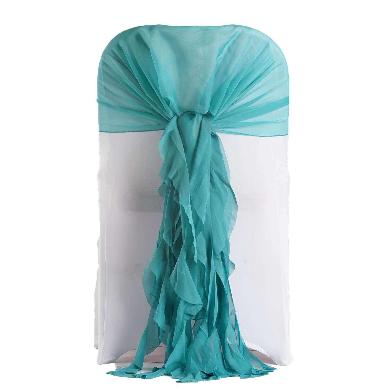 1 Set Chiffon Hoods Chair Sashes with Willow Ruffles Design Turquoise - Stylish Chair Bow Decor