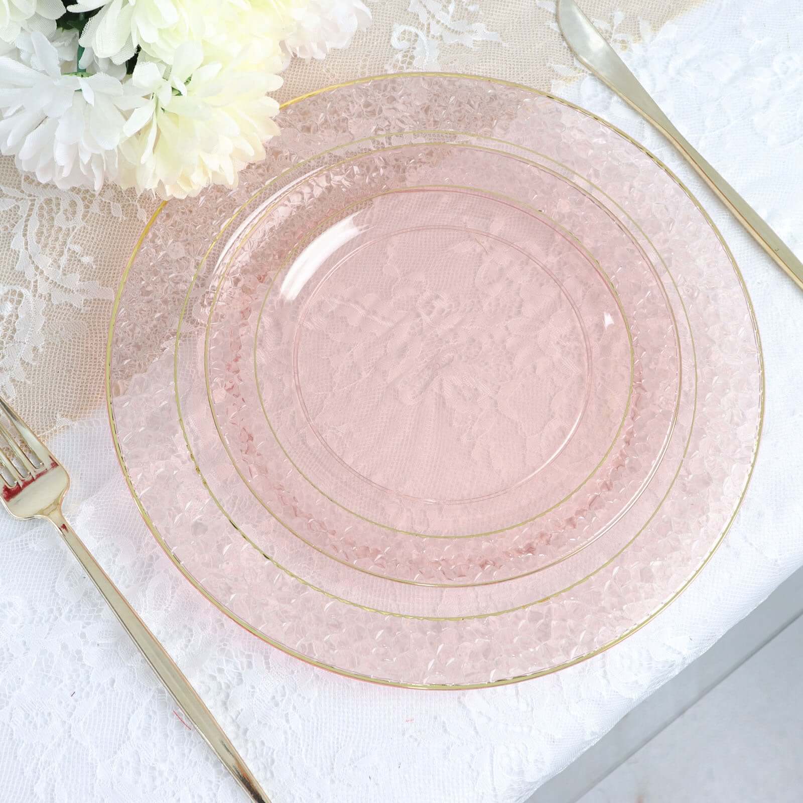 10-Pack Plastic 10 Round Dinner Plates in Blush Hammered Design with Gold Rim - Disposable Party Plates for Chic Banquets & Special Occasions