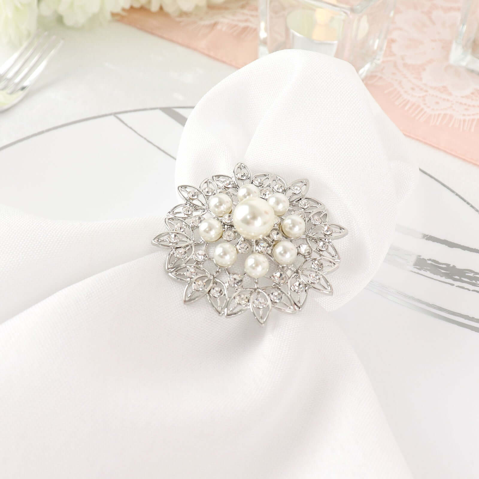 4 Pack Pearl And Diamond Rhinestone Flower Silver Metal Napkin Rings, Decorative Napkin Buckle Holders