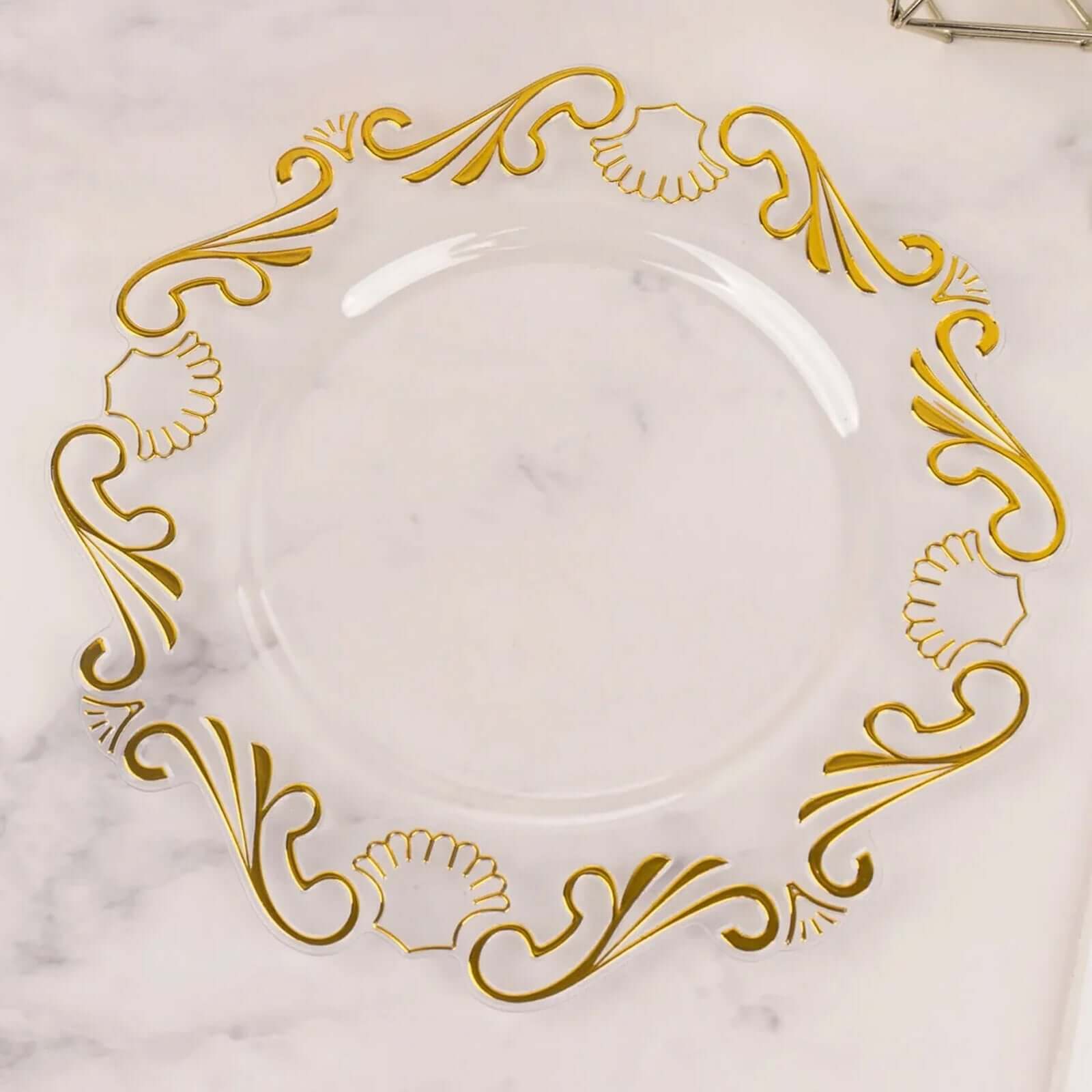 10-Pack Plastic 10 Round Dinner Plates in Clear with Gold Vintage Baroque Scalloped Rim - European Style Disposable Party Plates