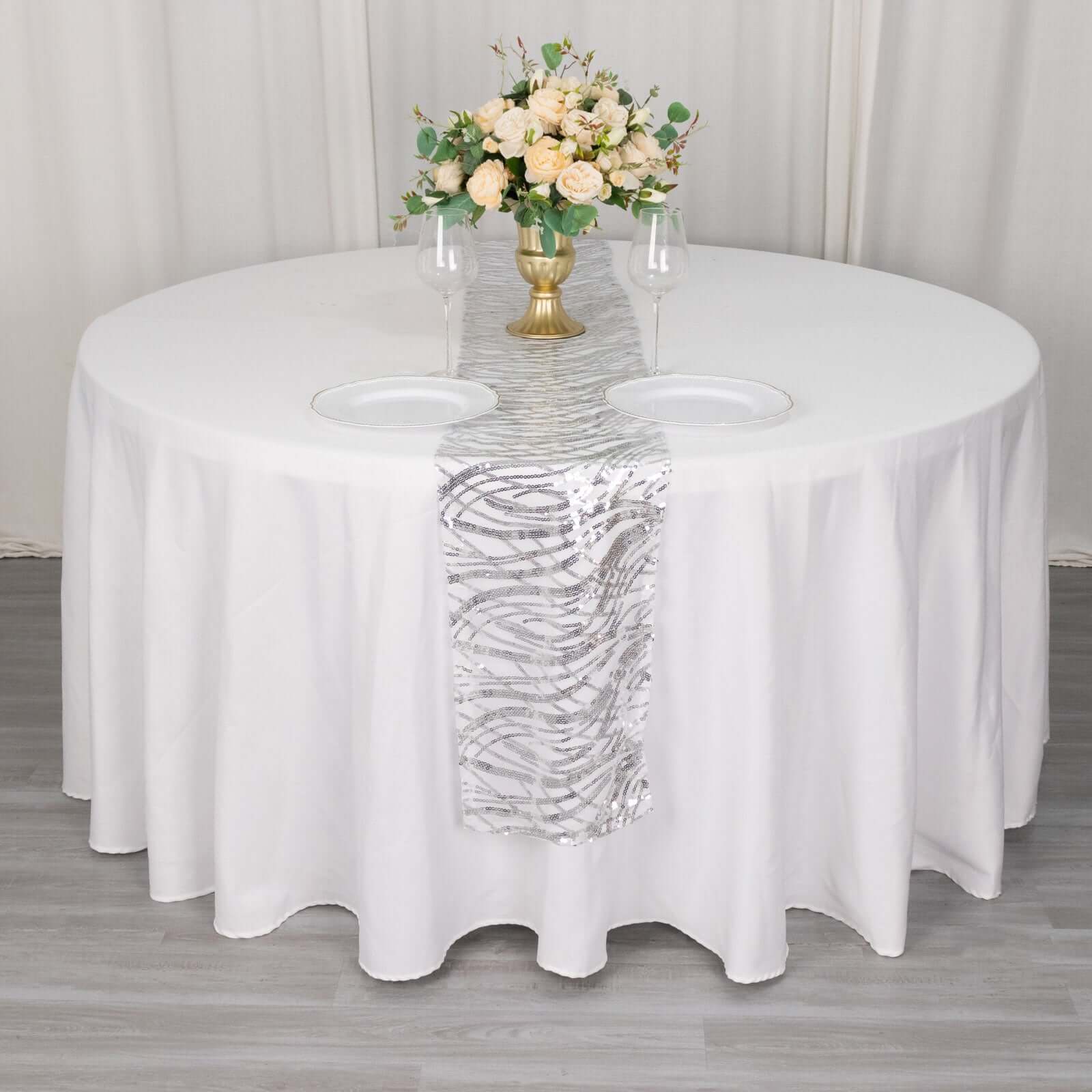 Sequin Mesh 12x108 Table Runner Silver Stylish Wave Embroidery