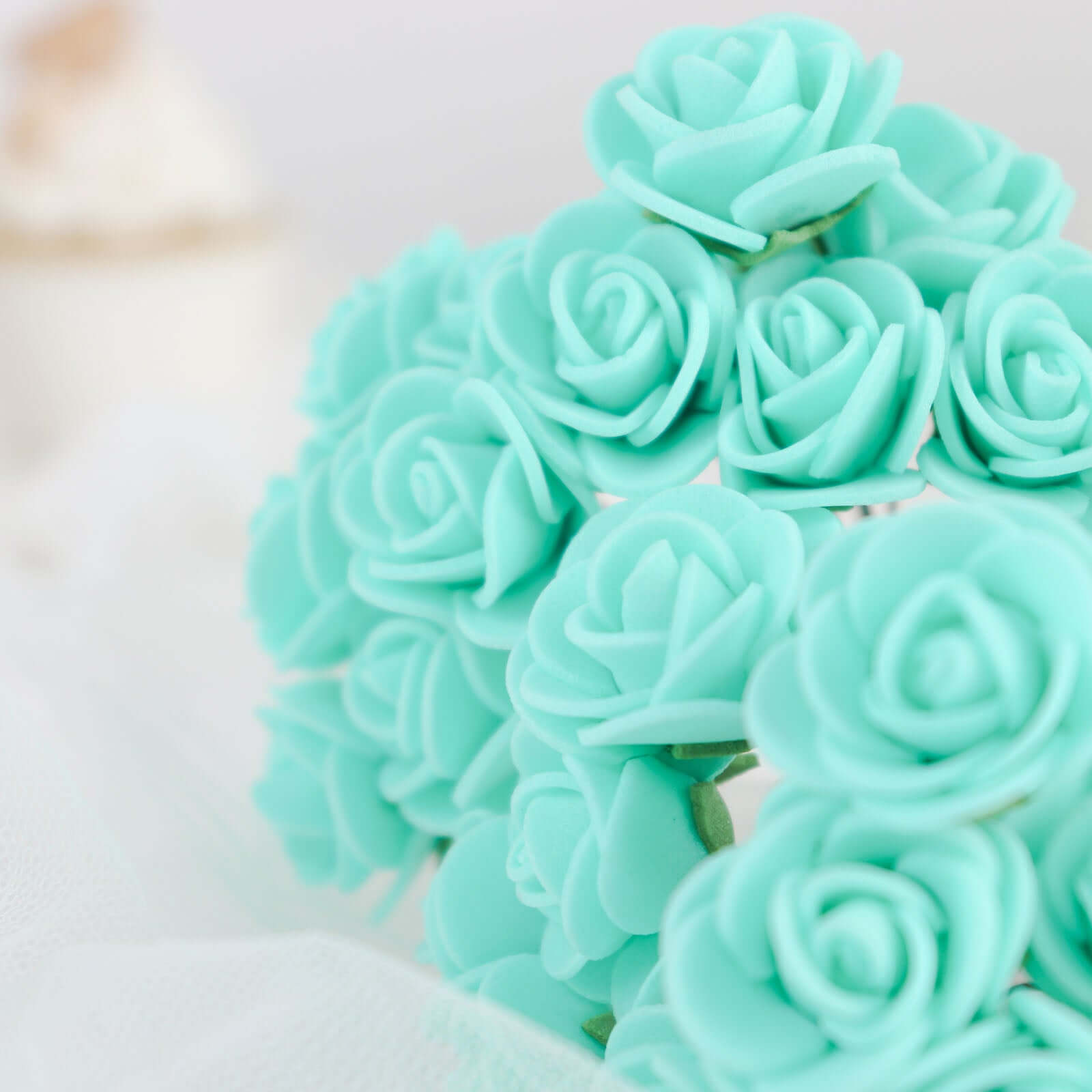 48 Roses 1 Turquoise Real Touch Artificial DIY Foam Rose Flowers With Stem, Craft Rose Buds