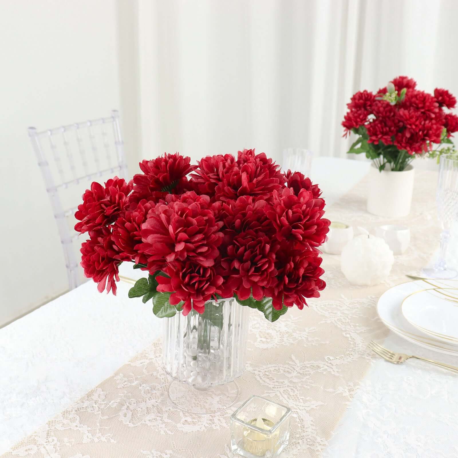 12 Bushes Burgundy Artificial Silk Chrysanthemum Flower Bouquets