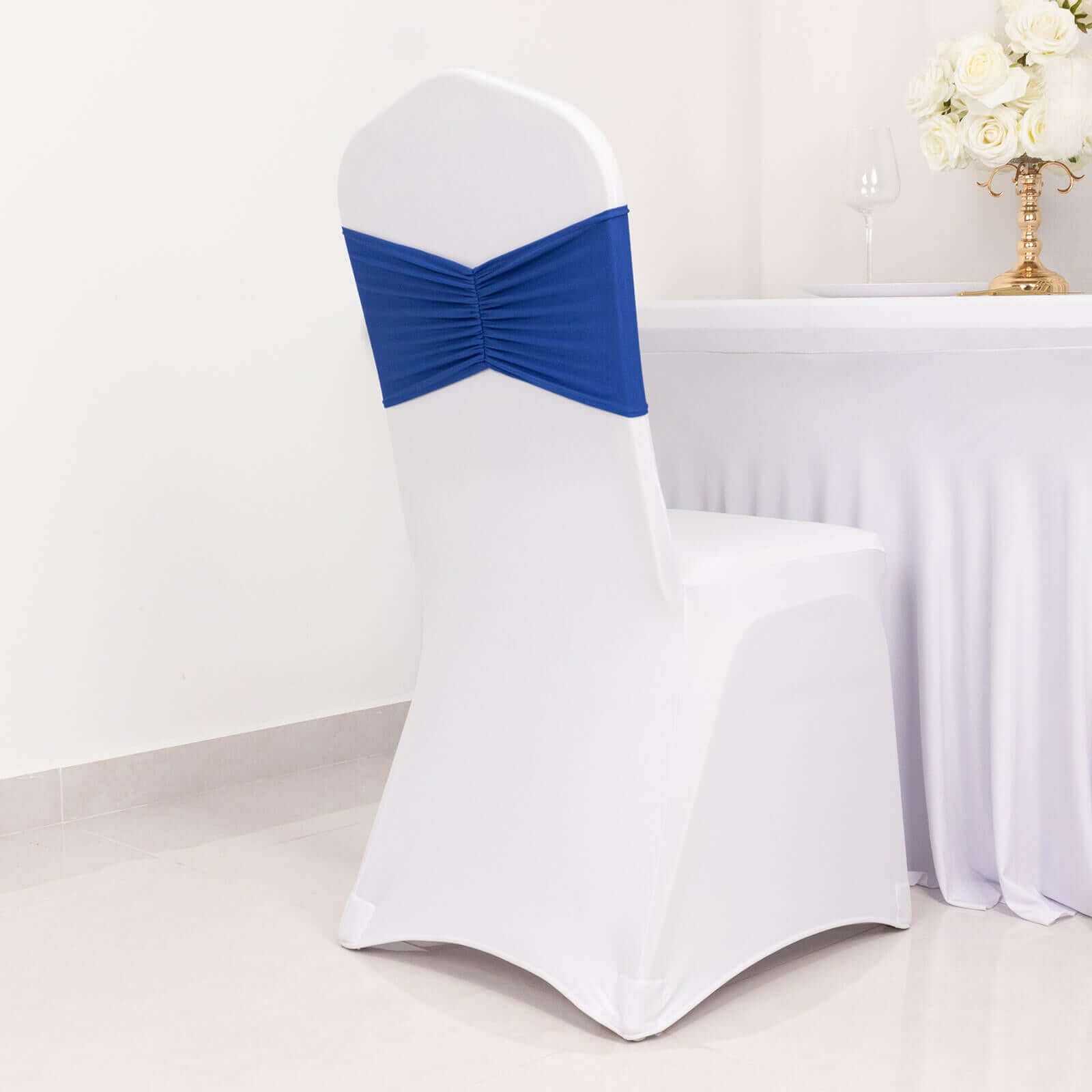 5 Pack Spandex Chair Sashes Royal Blue Ruffled Style - Wide Easy to Use Stretch Chair Bands 8x13