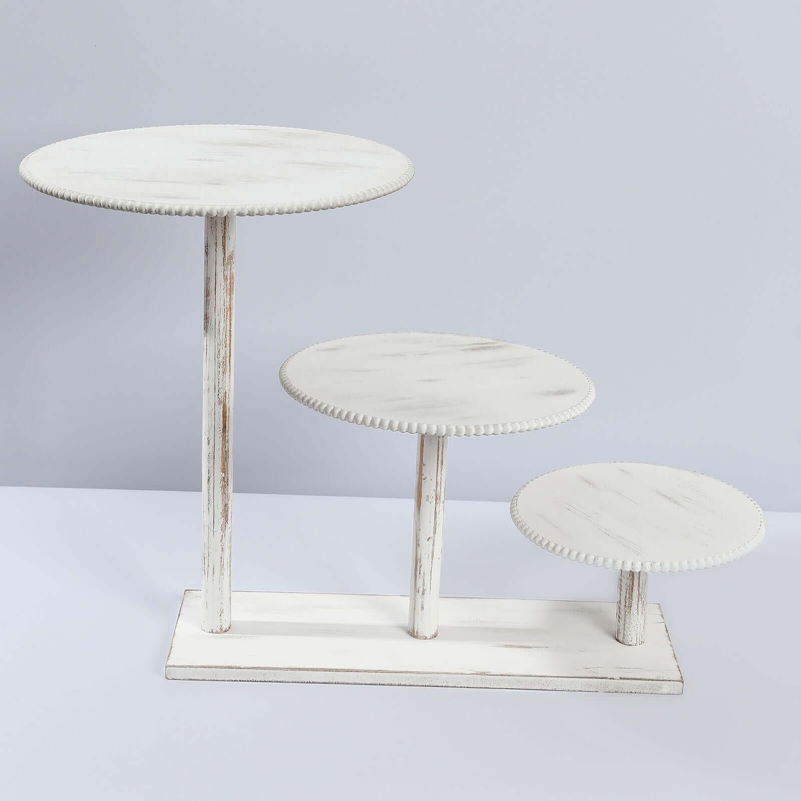 3-Tier Wooden Cake Stand Whitewash with Round Beaded Rim Trays - Rustic Cupcake Tower Dessert Display 24x16