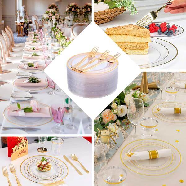 10-Pack Plastic Dinner Plates Clear with Très Chic Gold Rim - Perfect Disposable Party Plates 10