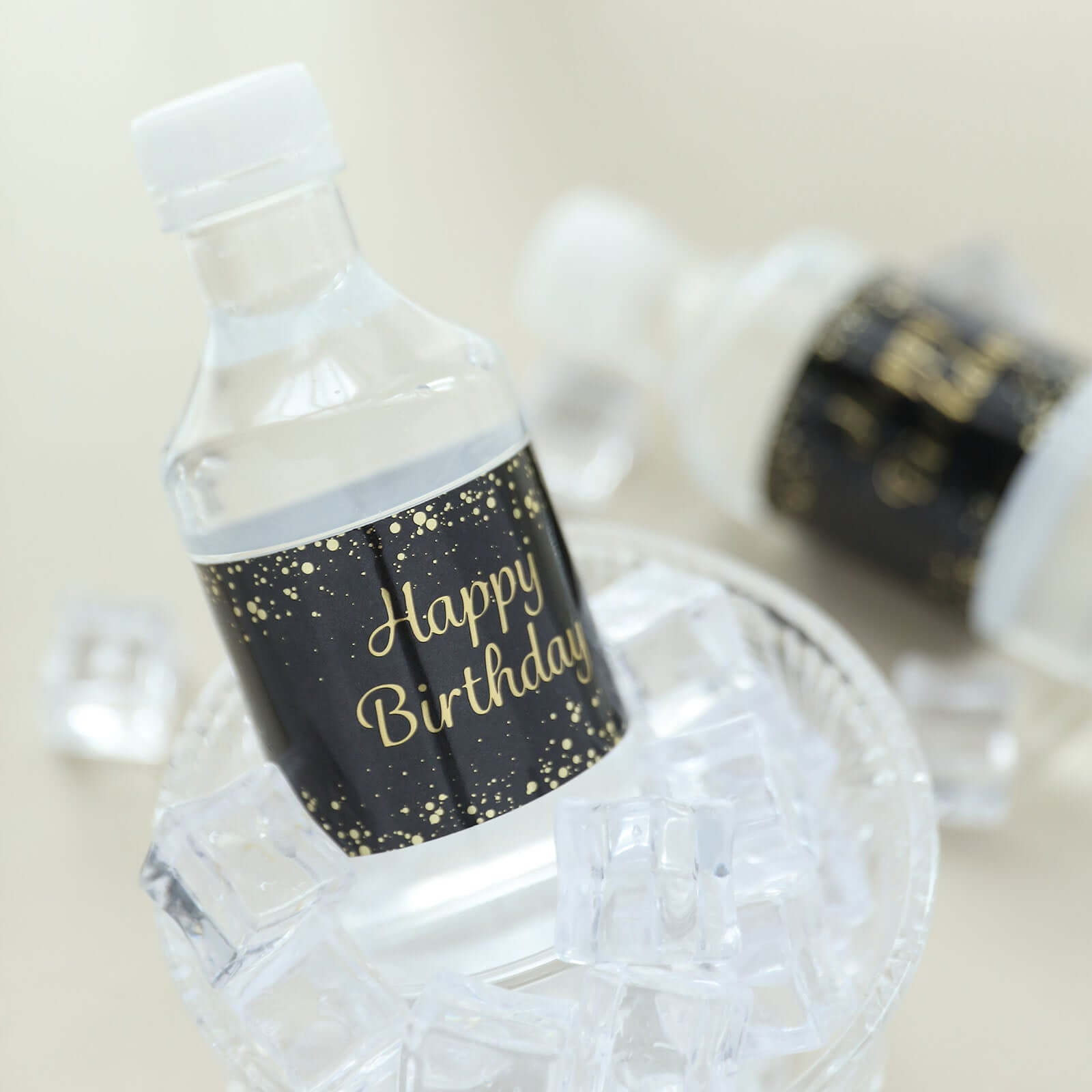 24 Pack Black/Gold Water Bottle Labels with Happy Birthday Print, Waterproof Bottle Stickers