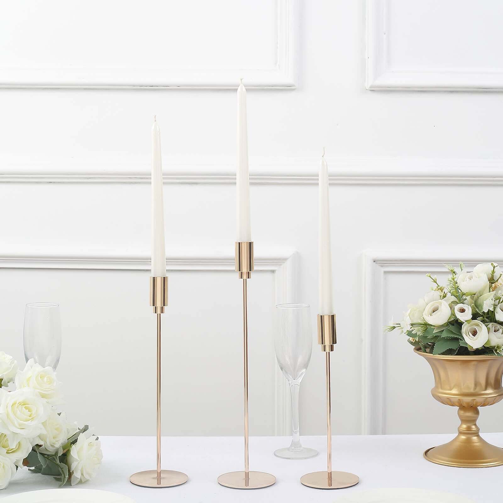 Set of 3 Taper Candle Stands Gold Metal Decorative Round Base Design - Wedding Table Accents 9, 10, 13