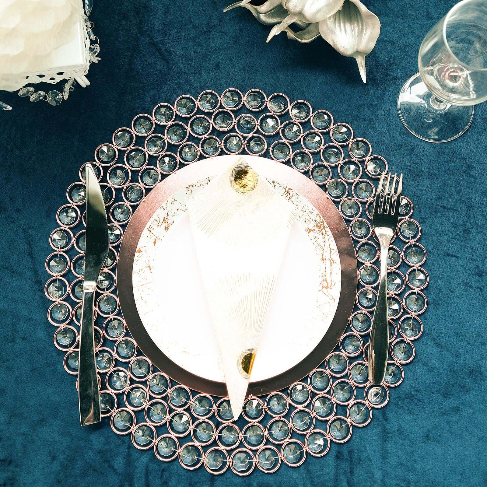 Wired Metal Round Charger Plate 14 in Rose Gold with Acrylic Crystal Beads, Glamorous Decorative Dinner Charger Tableware