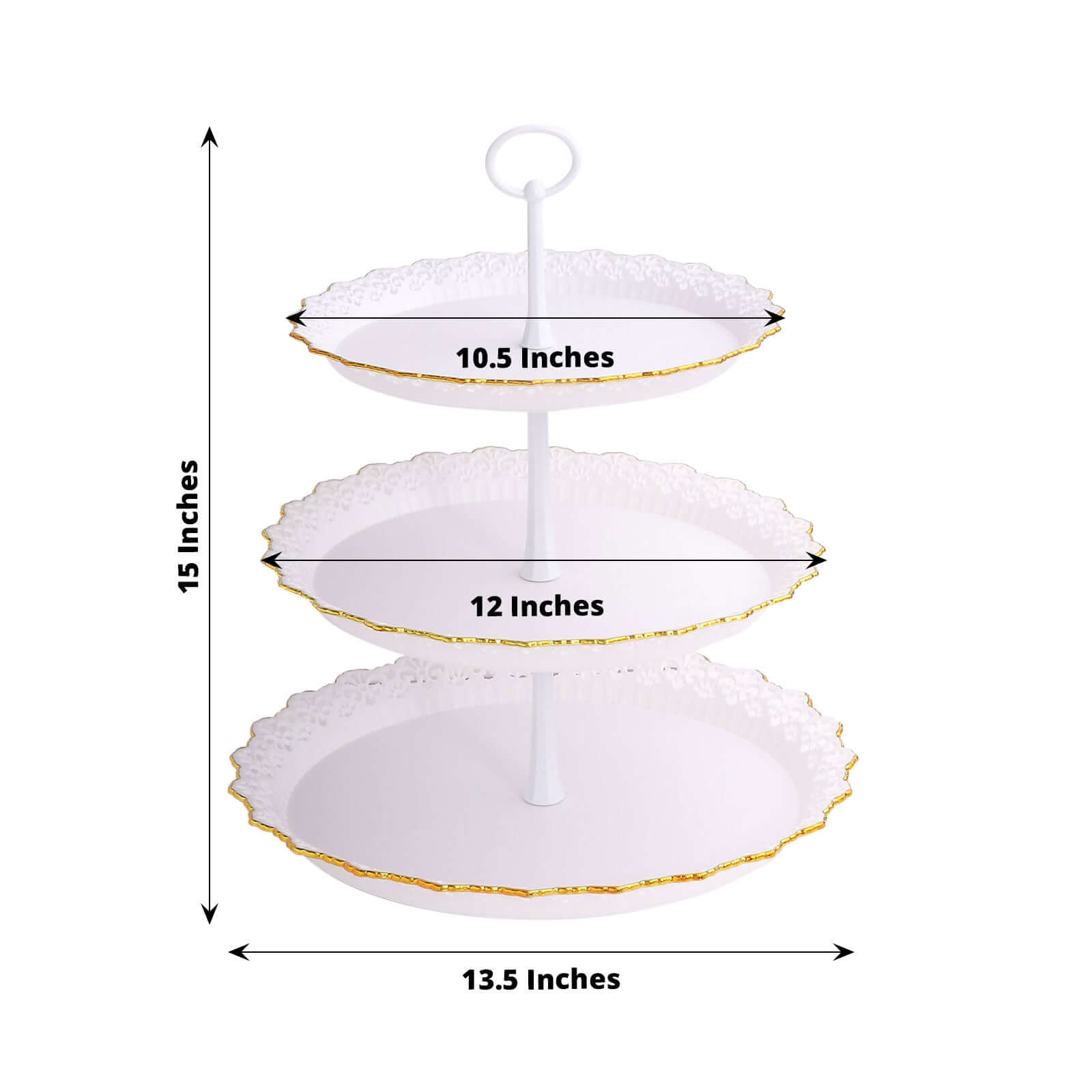 3-Tier Plastic Round Cupcake Stand 15 White with Lace Gold Rim Scalloped Edges - Multifunctional Space Saving Dessert Display Tower Pastry Serving Tray for Classy Events