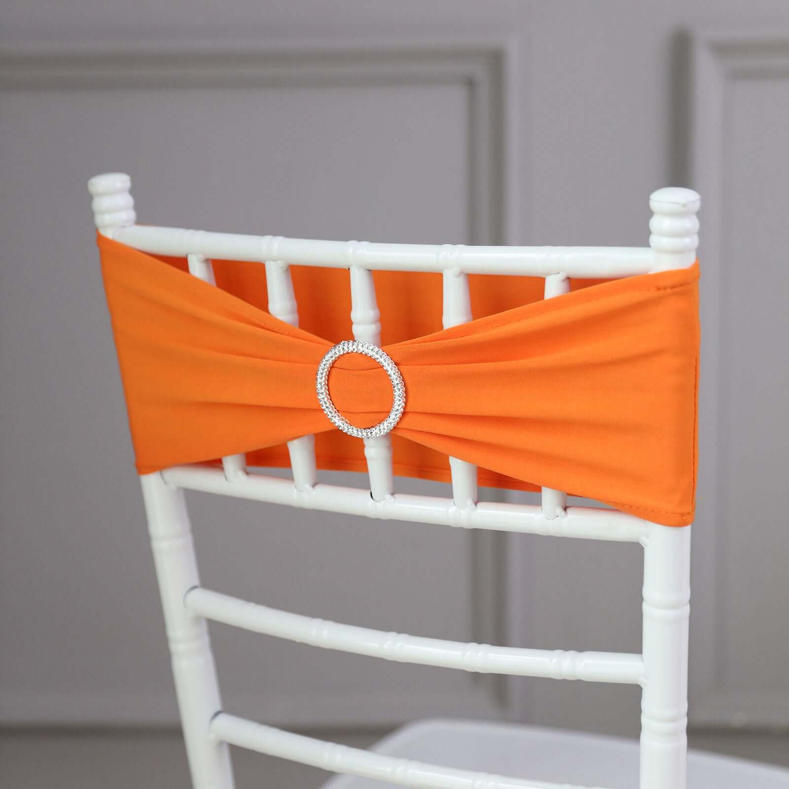 5 Pack Stretch Spandex Chair Sashes Orange - Reusable Chair Bands with Silver Diamond Ring Slide Buckle 5x14