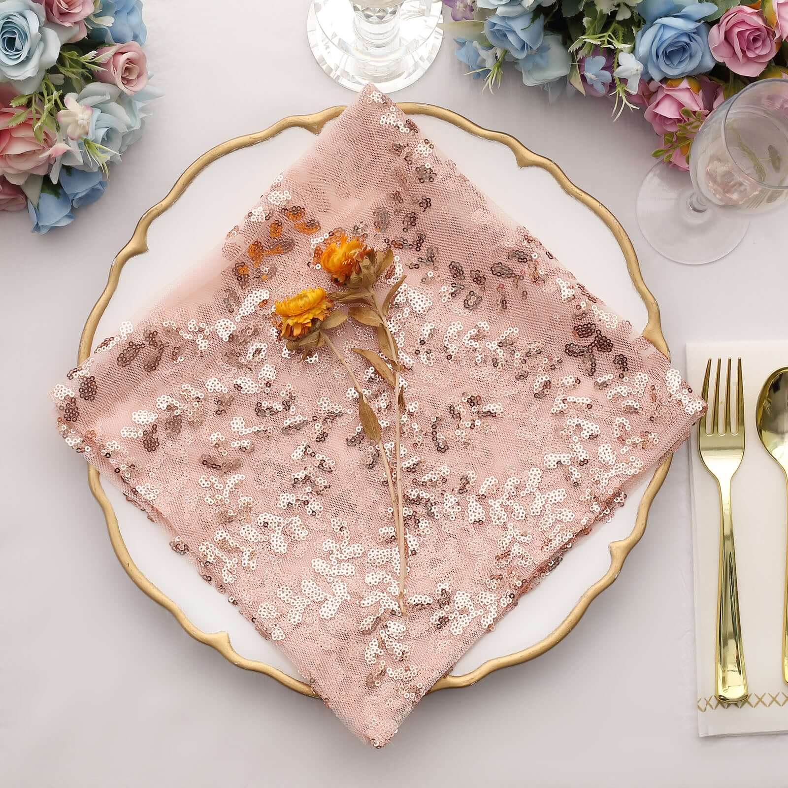 Sequin Tulle 20x20 Napkin Rose Gold - Embroidered Leaf Vine Dinner Napkins