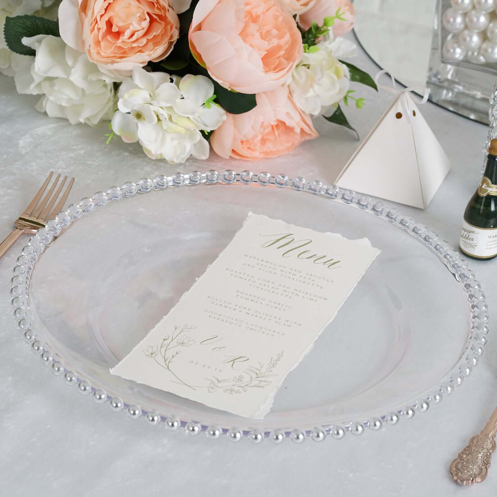 6-Pack Acrylic Round Charger Plates 13 in Clear with Silver Beaded Rim, Decorative Dinner Party Serving Plates