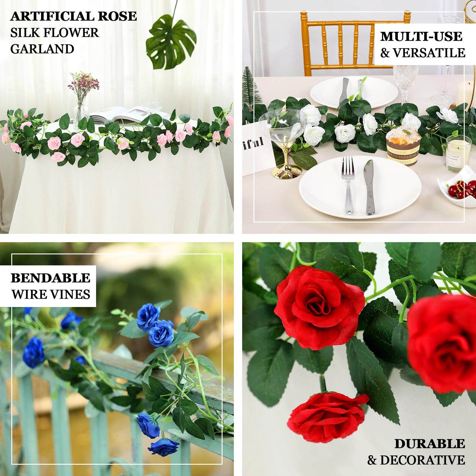 6ft 20 Royal Blue Artificial Silk Roses Flower Garland, Hanging Vine