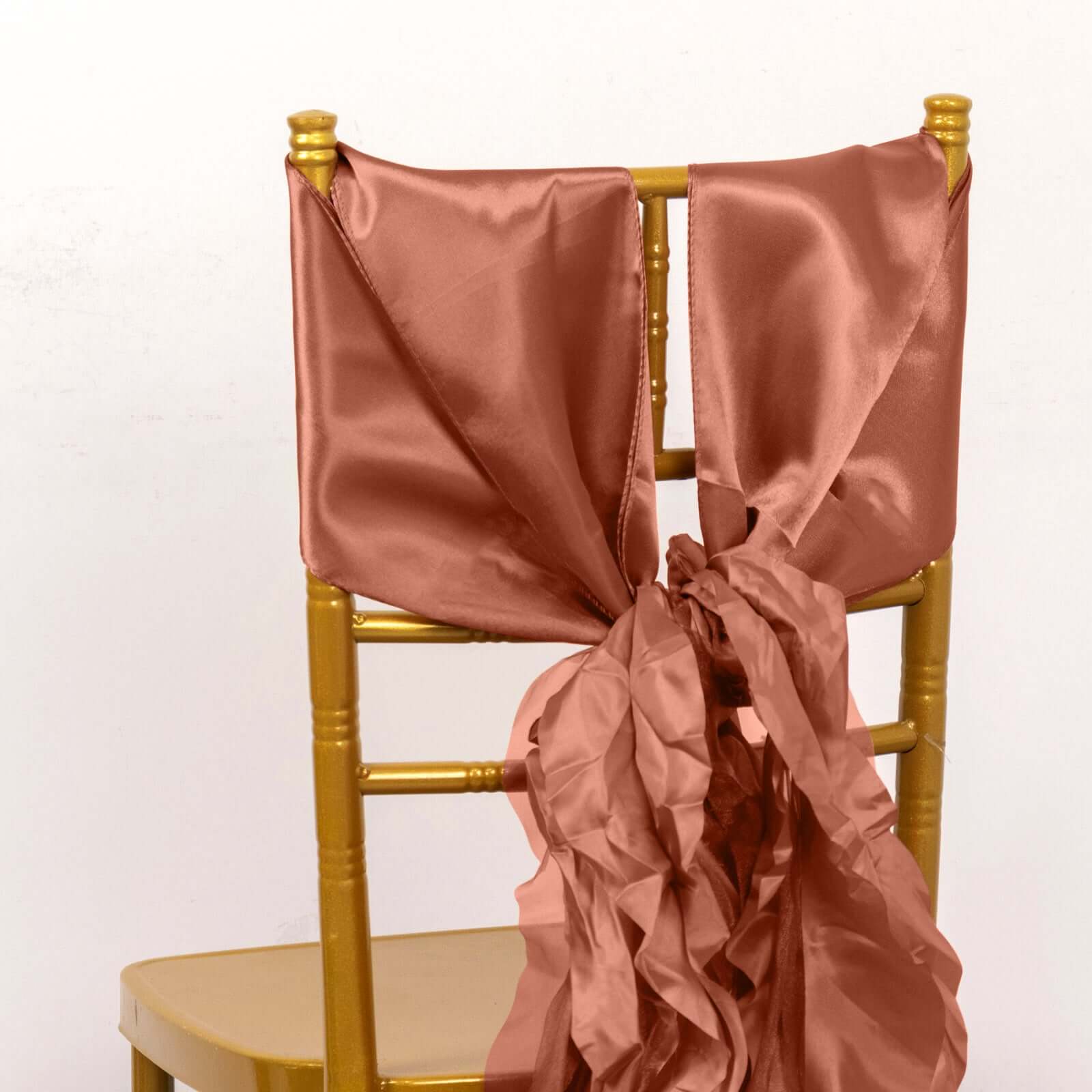 5 Pack Chiffon Satin Chair Sashes Terracotta (Rust) - Easy to Install Ruffled Curly Willow