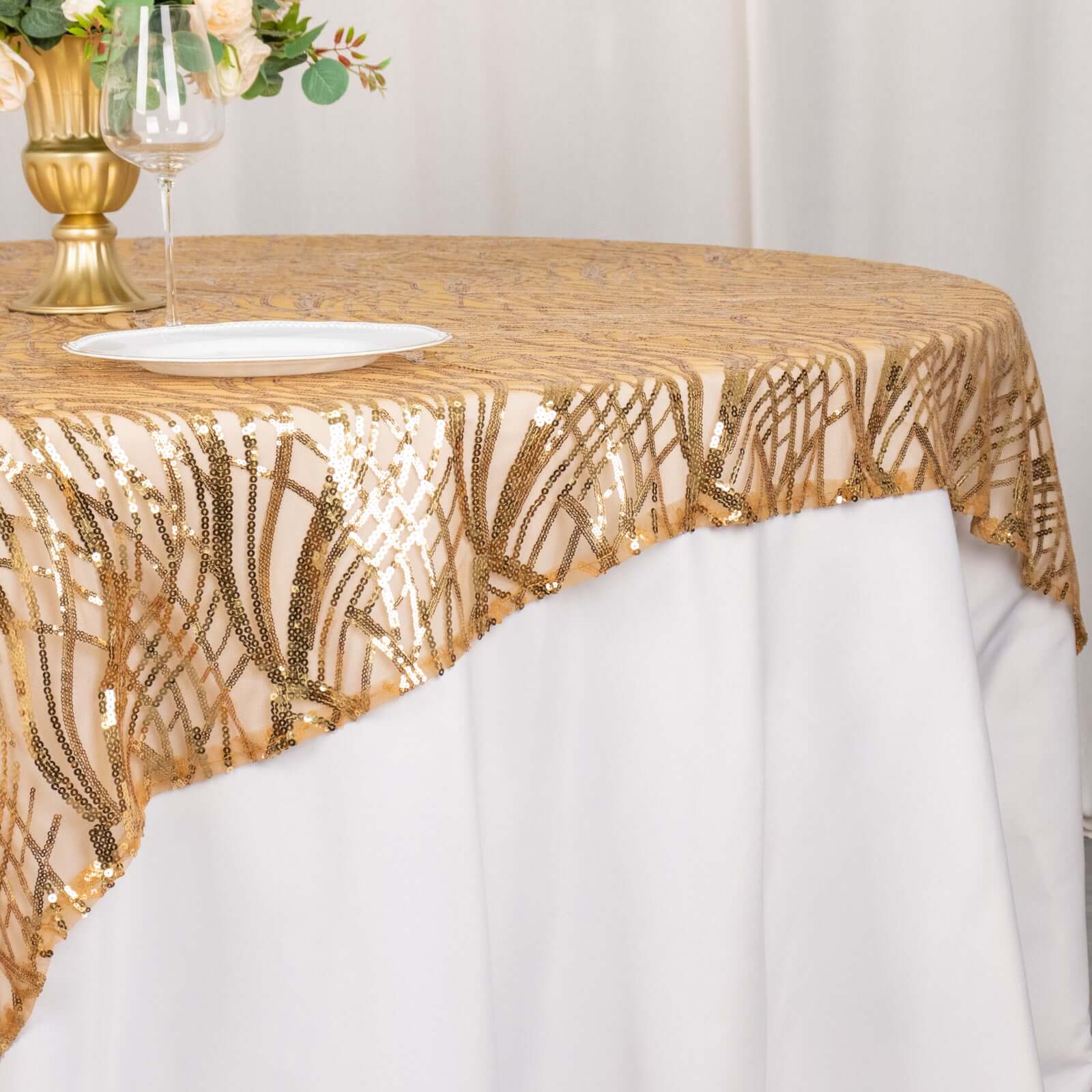 Mesh 72x72 Table Overlay Square Tablecloth Gold Wave Design with Embroidered Sequins for Stylish Occasions