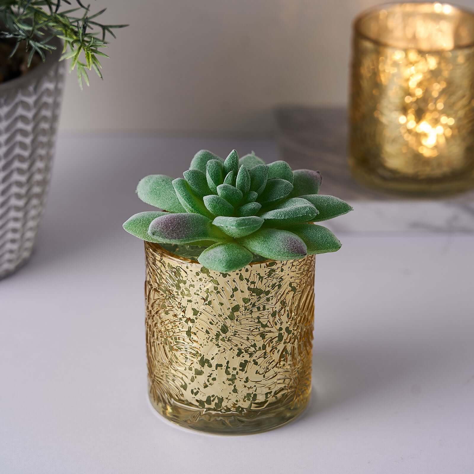 6-Pack Mercury Glass Candle Holders Gold Palm Leaf Design - Votive Tealight Holders for Events