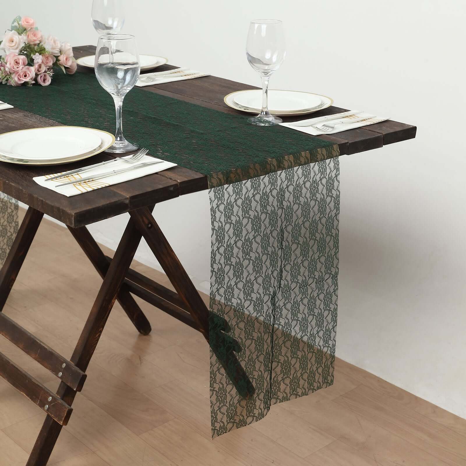 Floral Lace 12x108 Table Runner Hunter Emerald Green - Stylish Vintage Table Decor