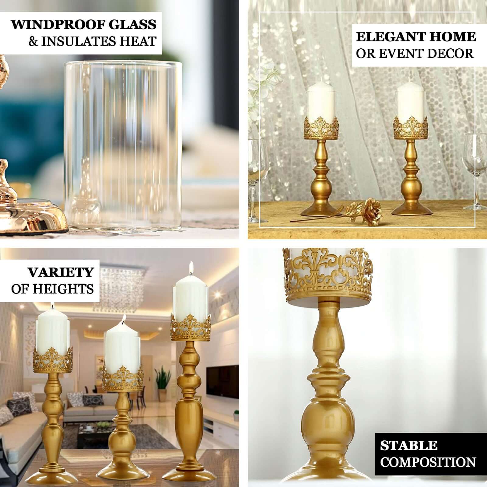 Set of 3 Lace Hurricane Candle Holders Antique Gold with Glass Shades - Chic Pillar Candle Stands 12, 14, 17