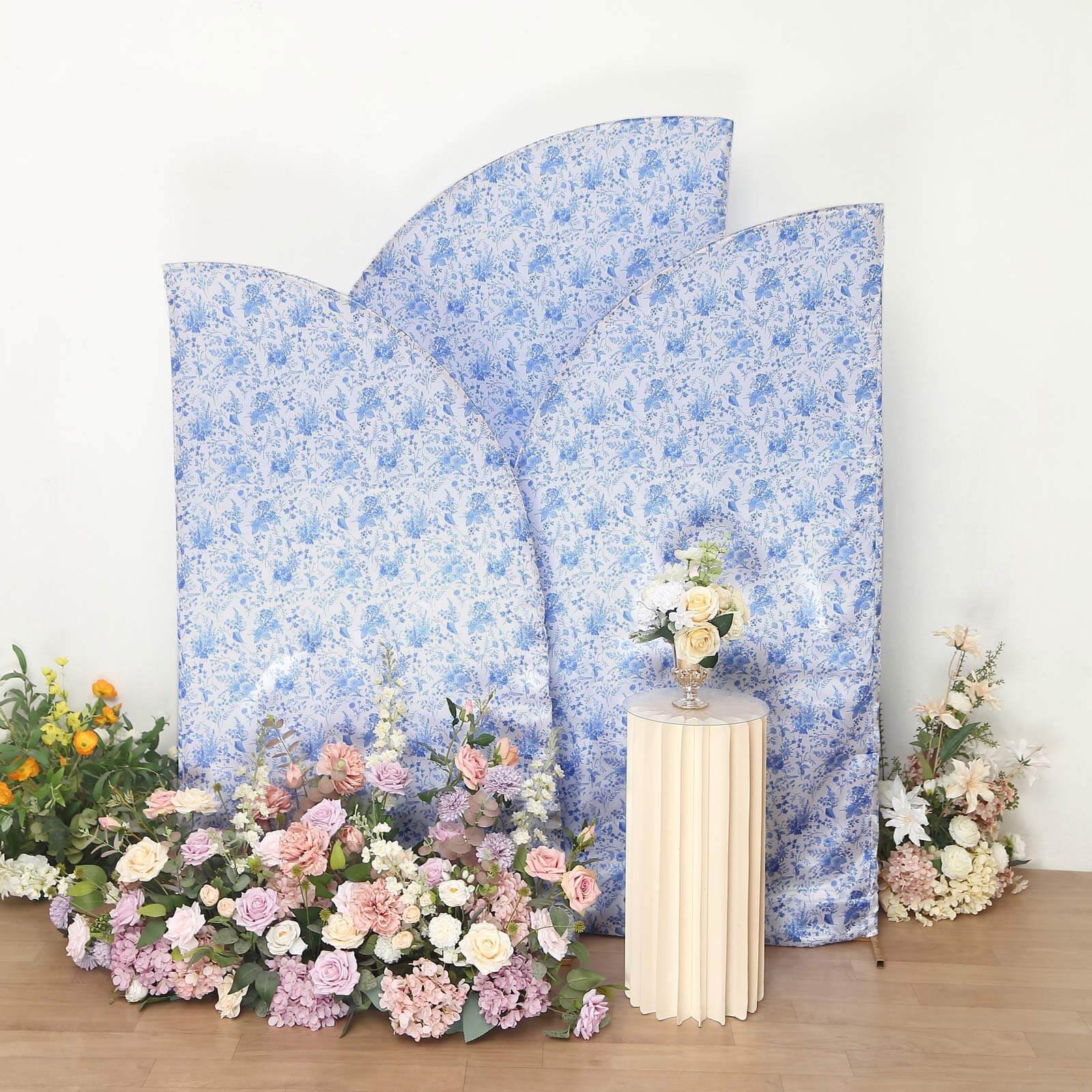 Set of 3 White Blue Satin Chiara Wedding Arch Covers in French Toile Floral Pattern, Fitted Covers For Half Moon Backdrop Stands - 5ft, 6ft, 7ft