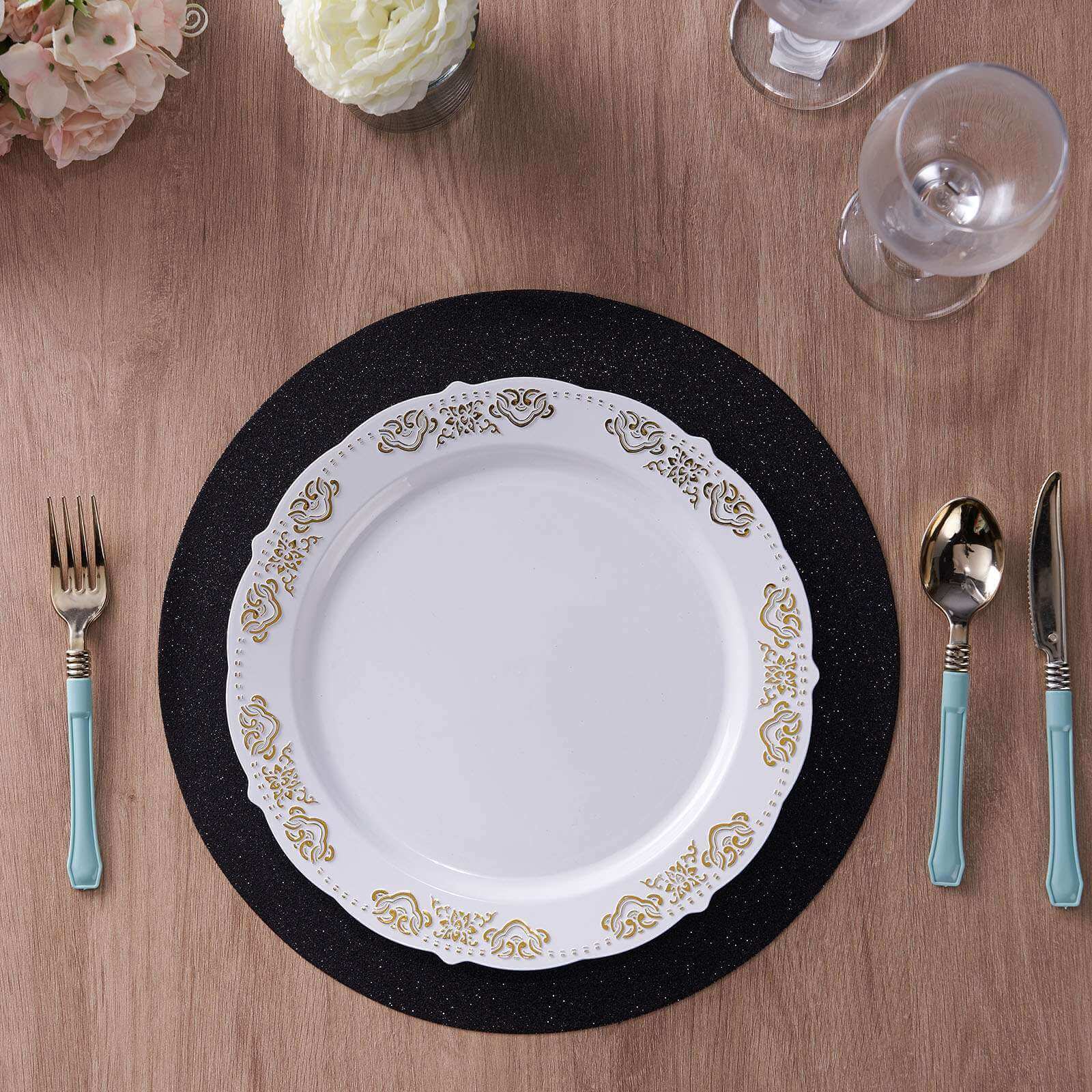 6-Pack Placemats Glitter Design Black Sparkle Round - Non-Slip Decorative Dining Table Mats 13