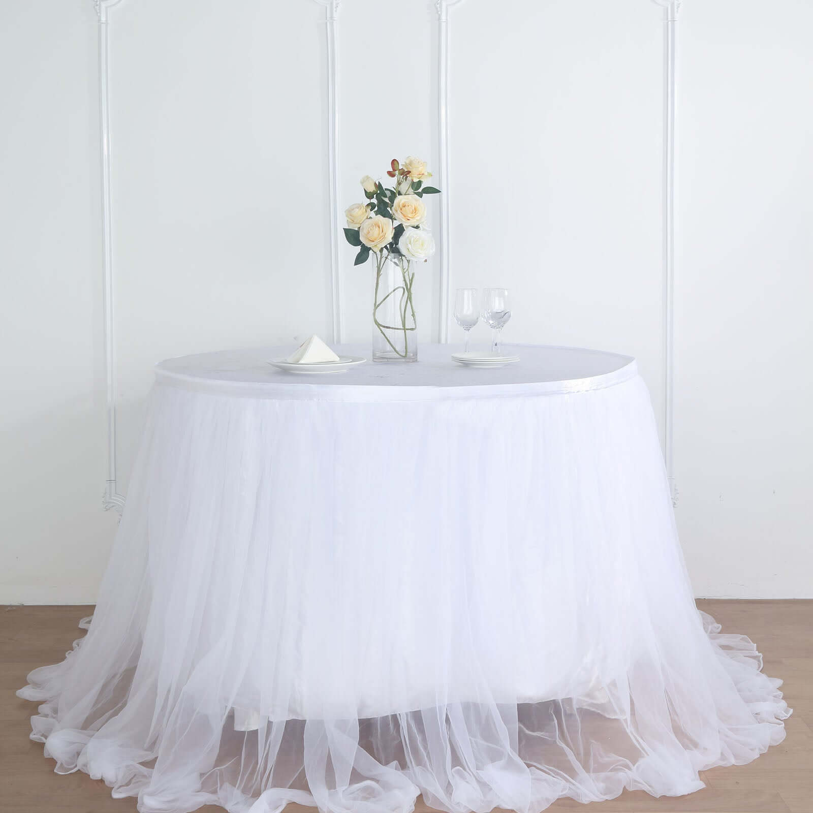 Extra Long Tulle 14ft Table Skirt White with Satin Edge - Table Cover for Baby Showers & Events